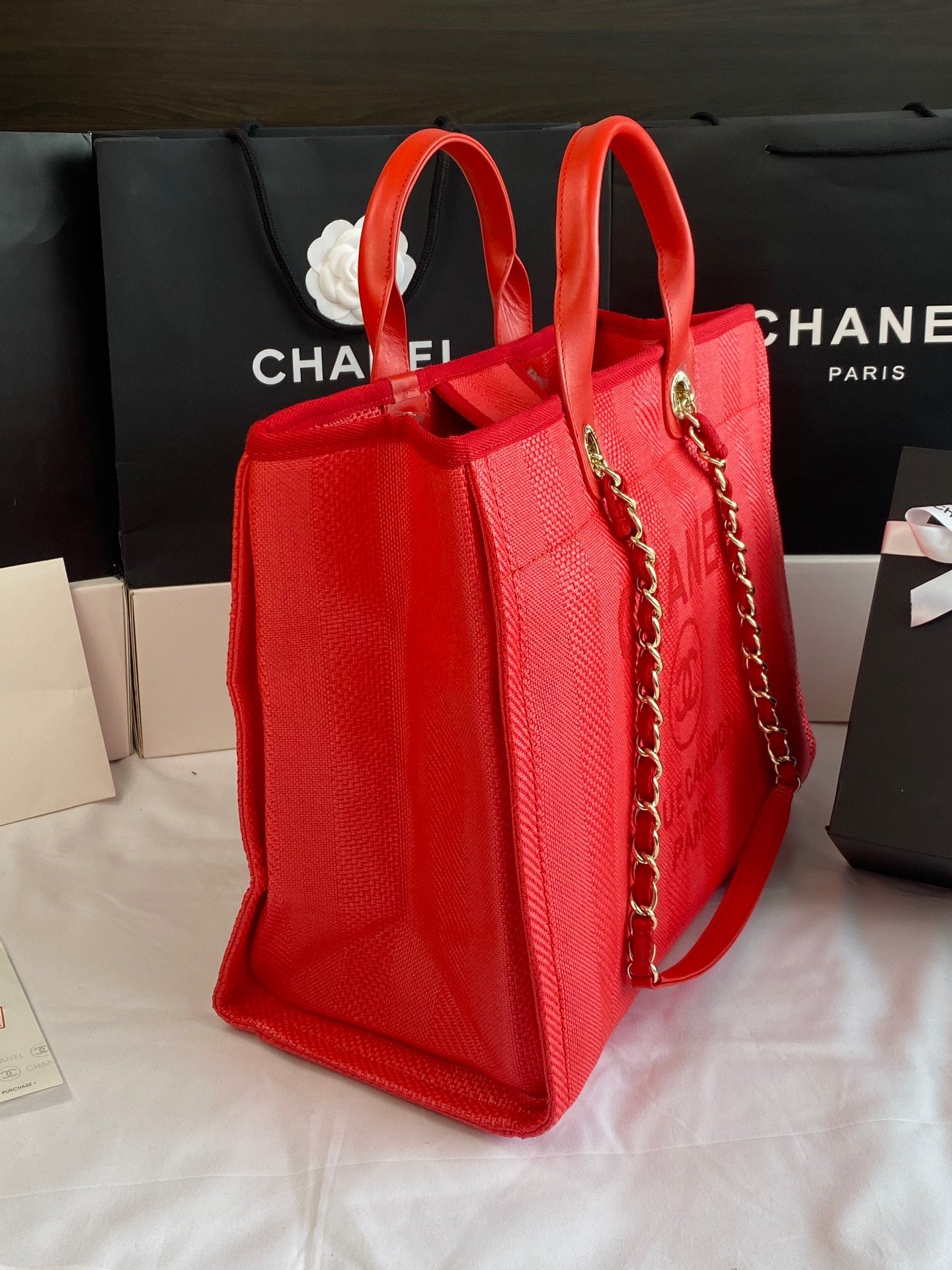 CHANEL Beach Canvas Tote Bag In Red With Red Leather Strap