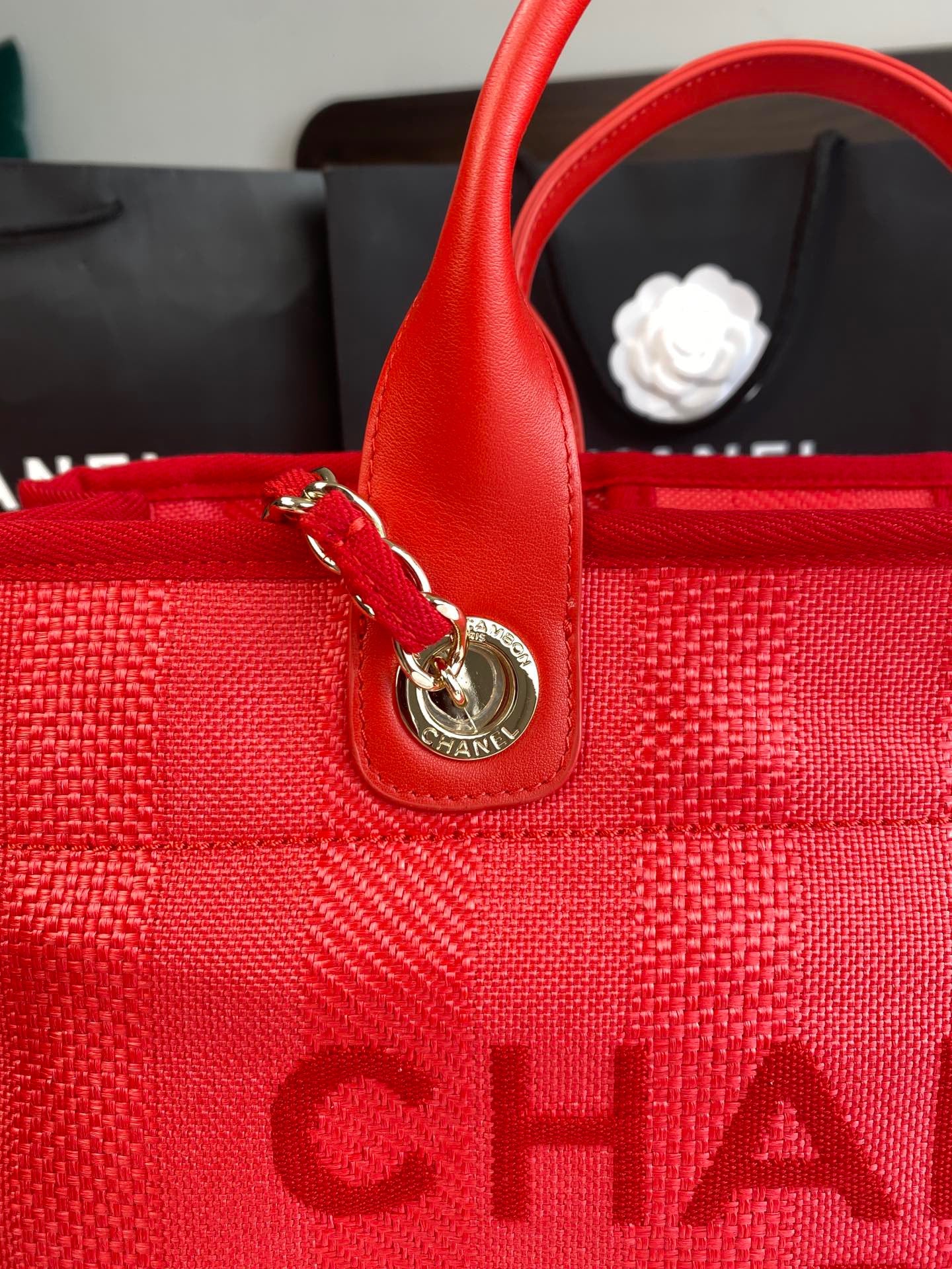 CHANEL Beach Canvas Tote Bag In Red With Red Leather Strap