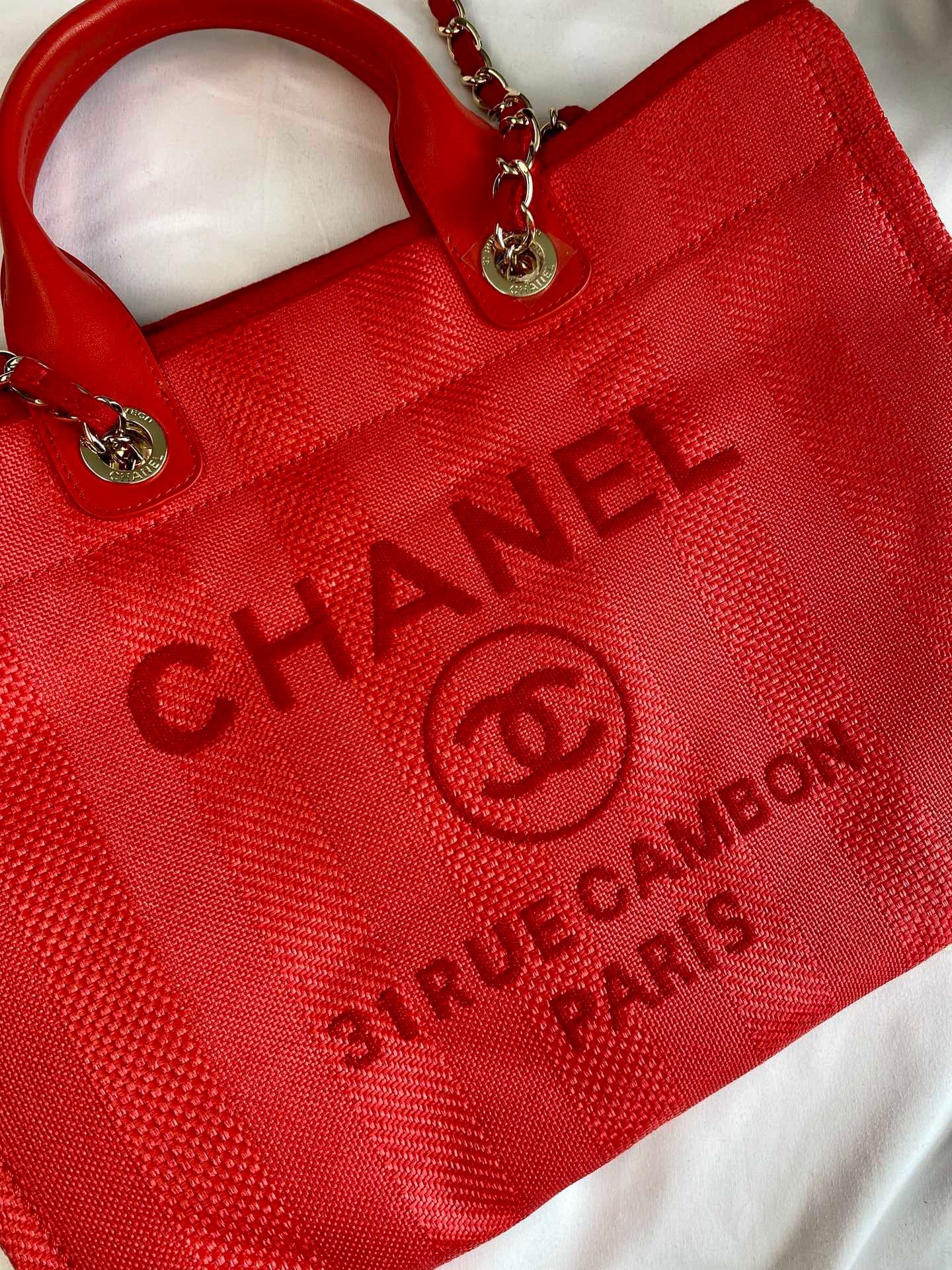 CHANEL Beach Canvas Tote Bag In Red With Red Leather Strap