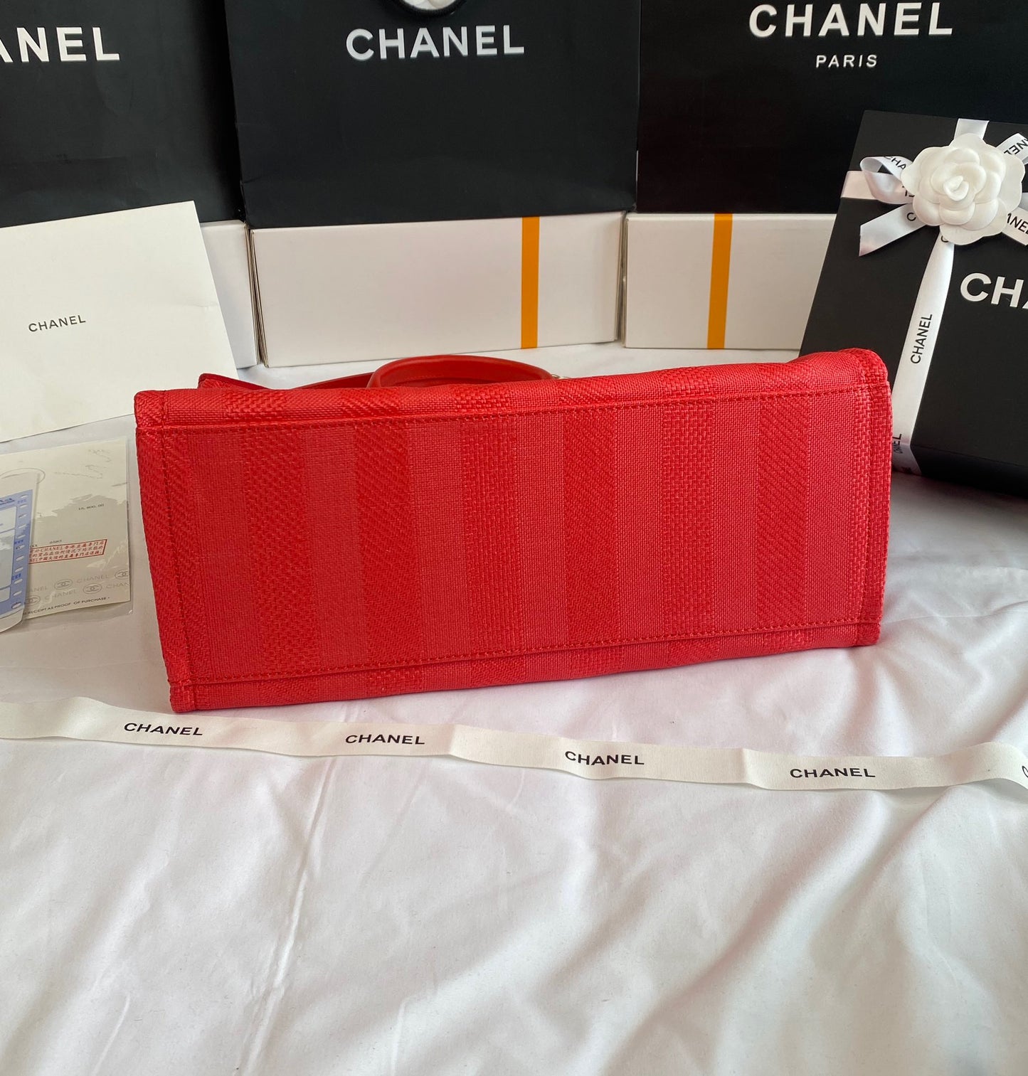 CHANEL Beach Canvas Tote Bag In Red With Red Leather Strap