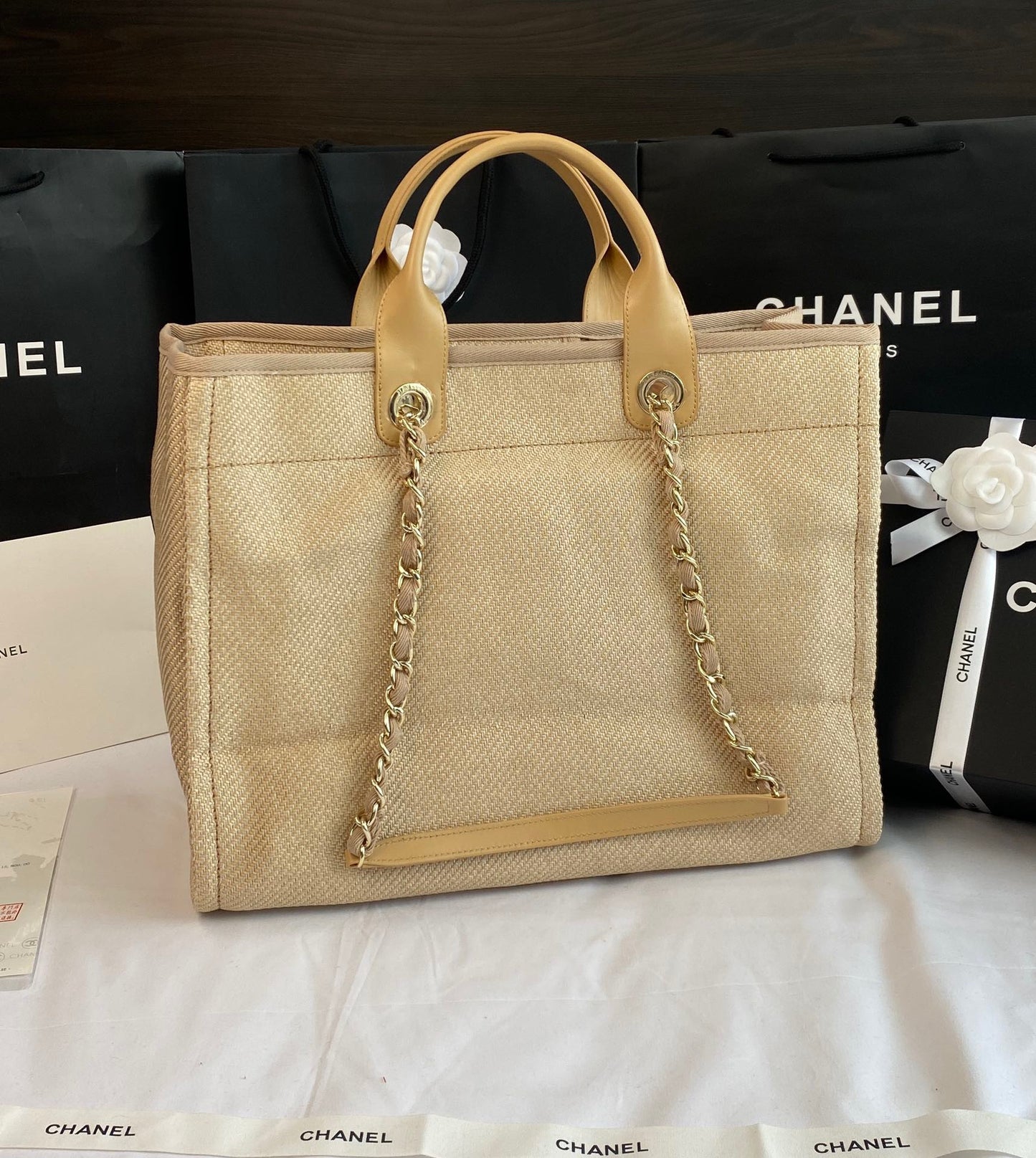 CHANEL Beach Canvas Tote Bag In Yellowish Brown With Yellow Leather Strap