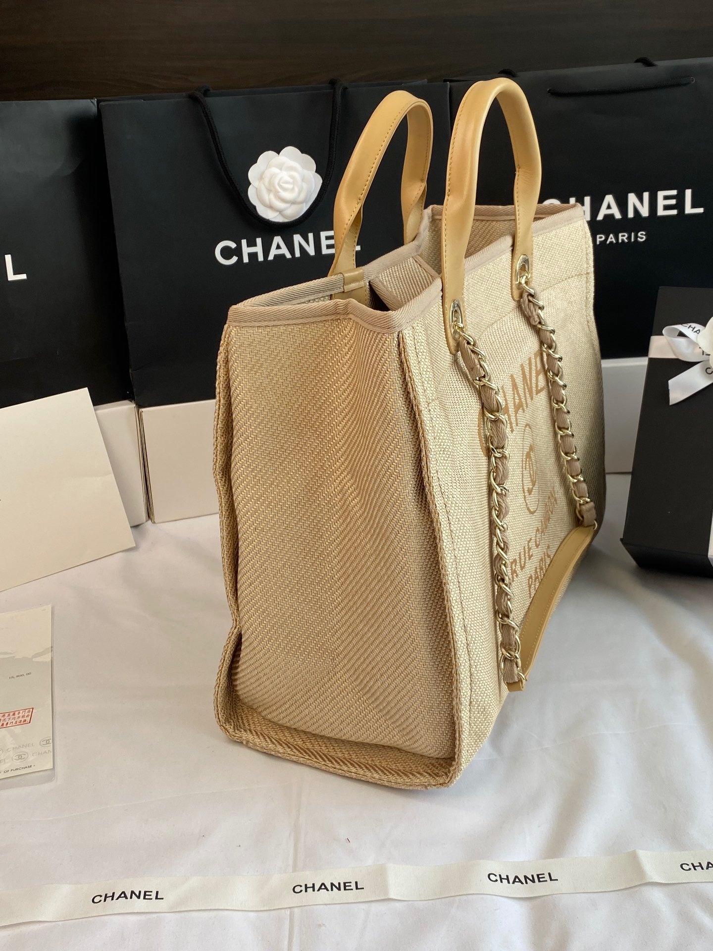 CHANEL Beach Canvas Tote Bag In Yellowish Brown With Yellow Leather Strap