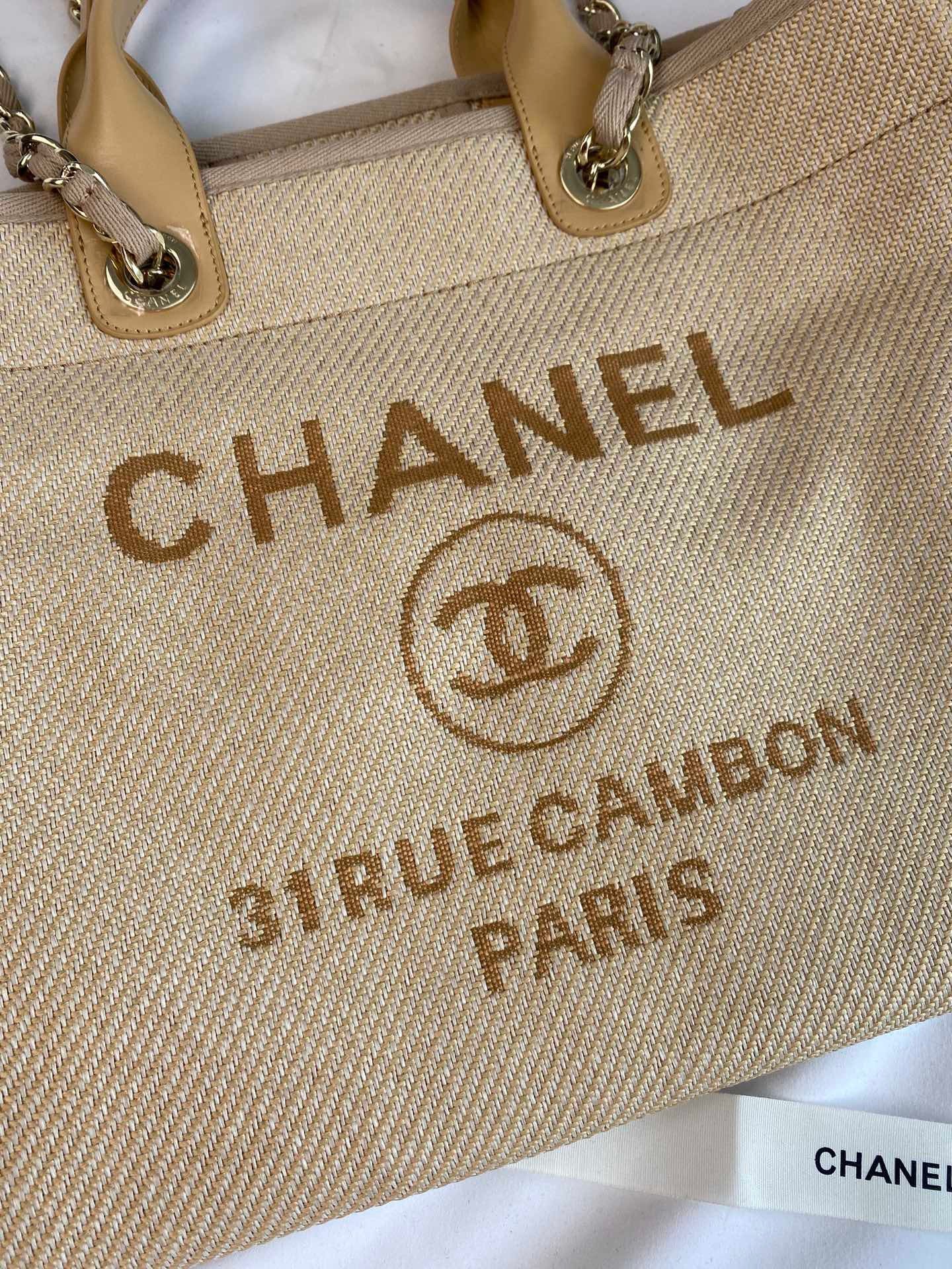 CHANEL Beach Canvas Tote Bag In Yellowish Brown With Yellow Leather Strap