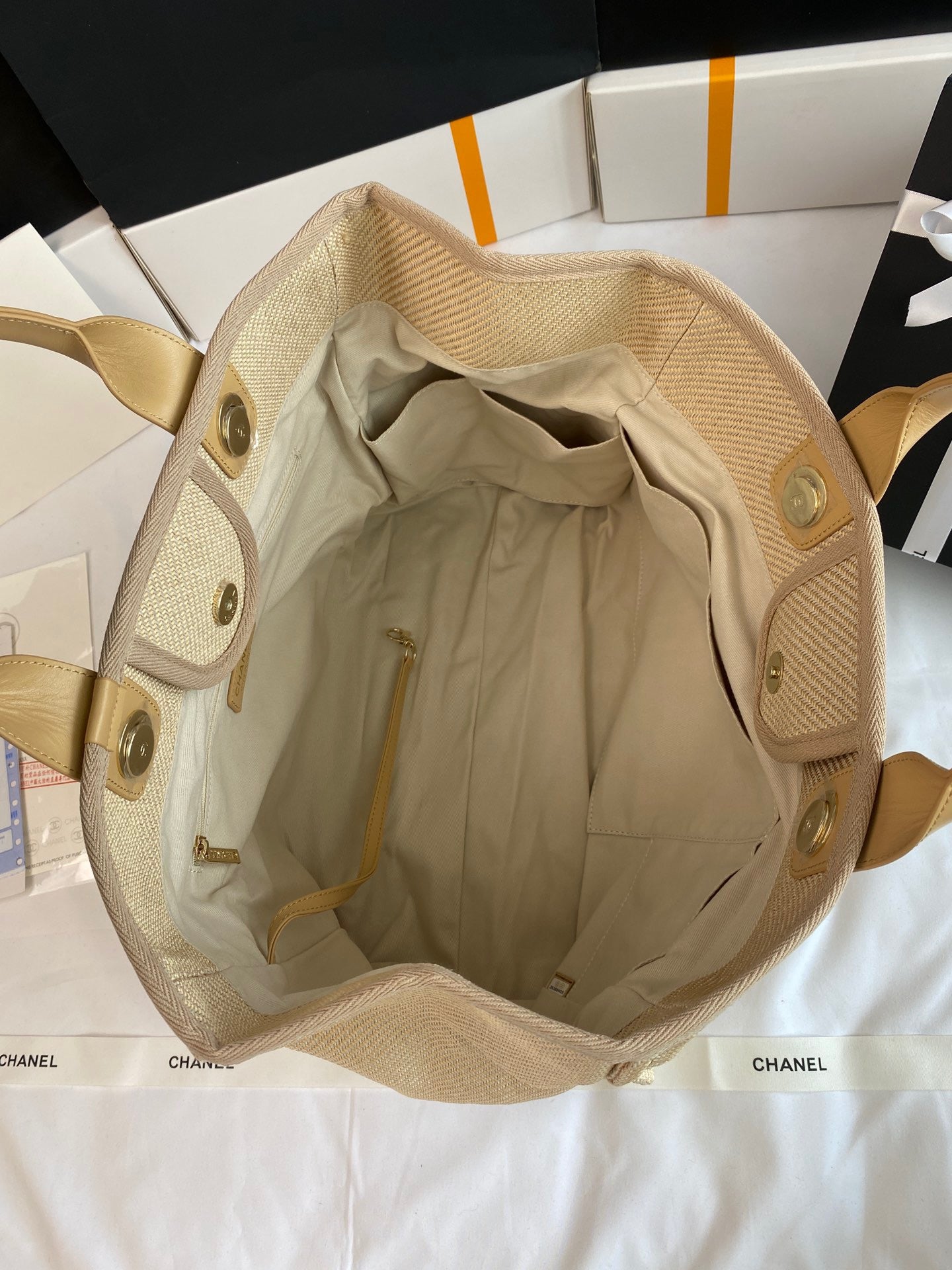 CHANEL Beach Canvas Tote Bag In Yellowish Brown With Yellow Leather Strap