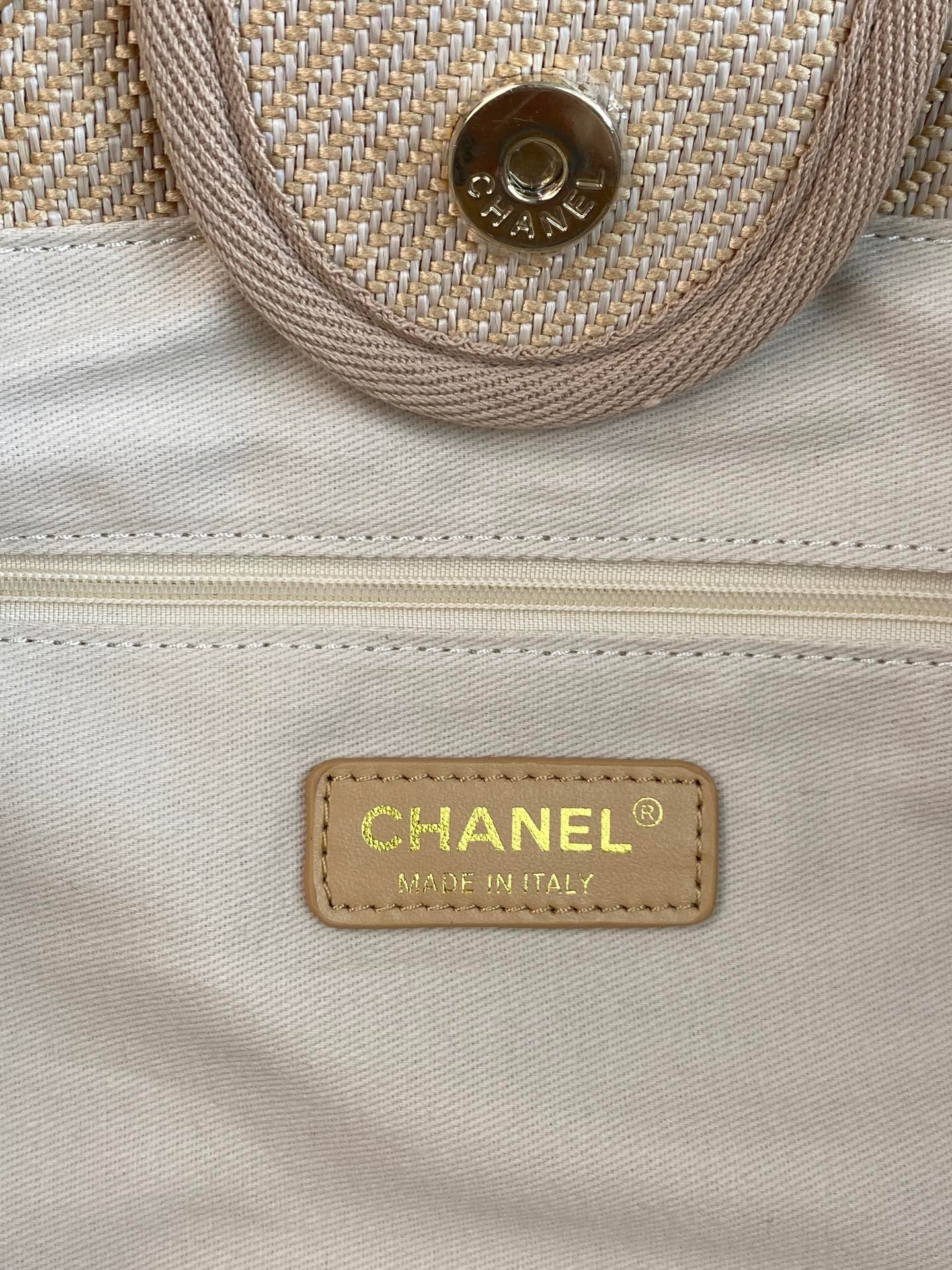 CHANEL Beach Canvas Tote Bag In Yellowish Brown With Yellow Leather Strap