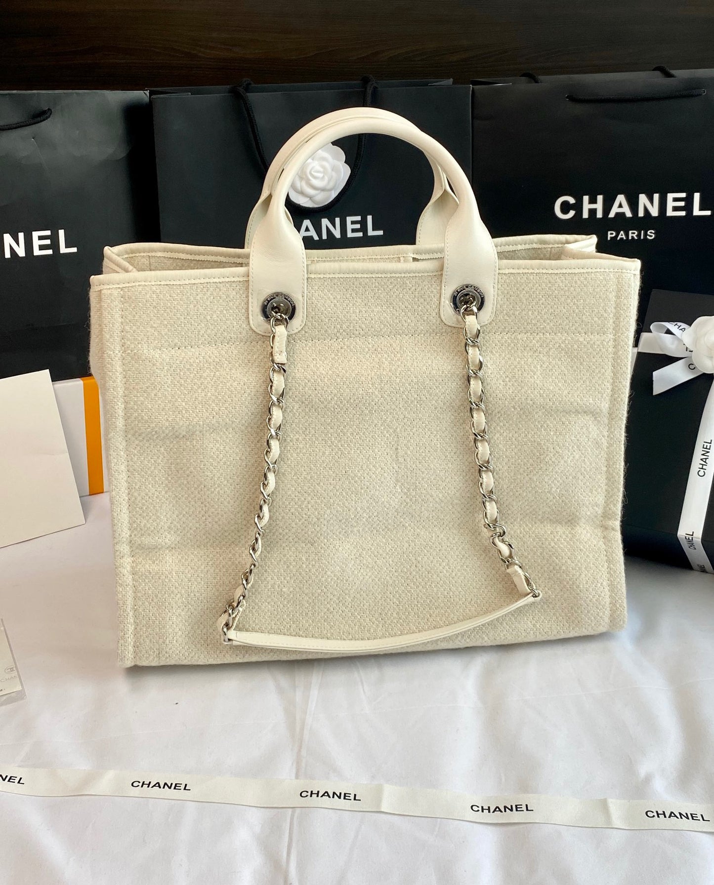 CHANEL Beach Canvas Tote Bag In Beige With Silver Tone Chain Link