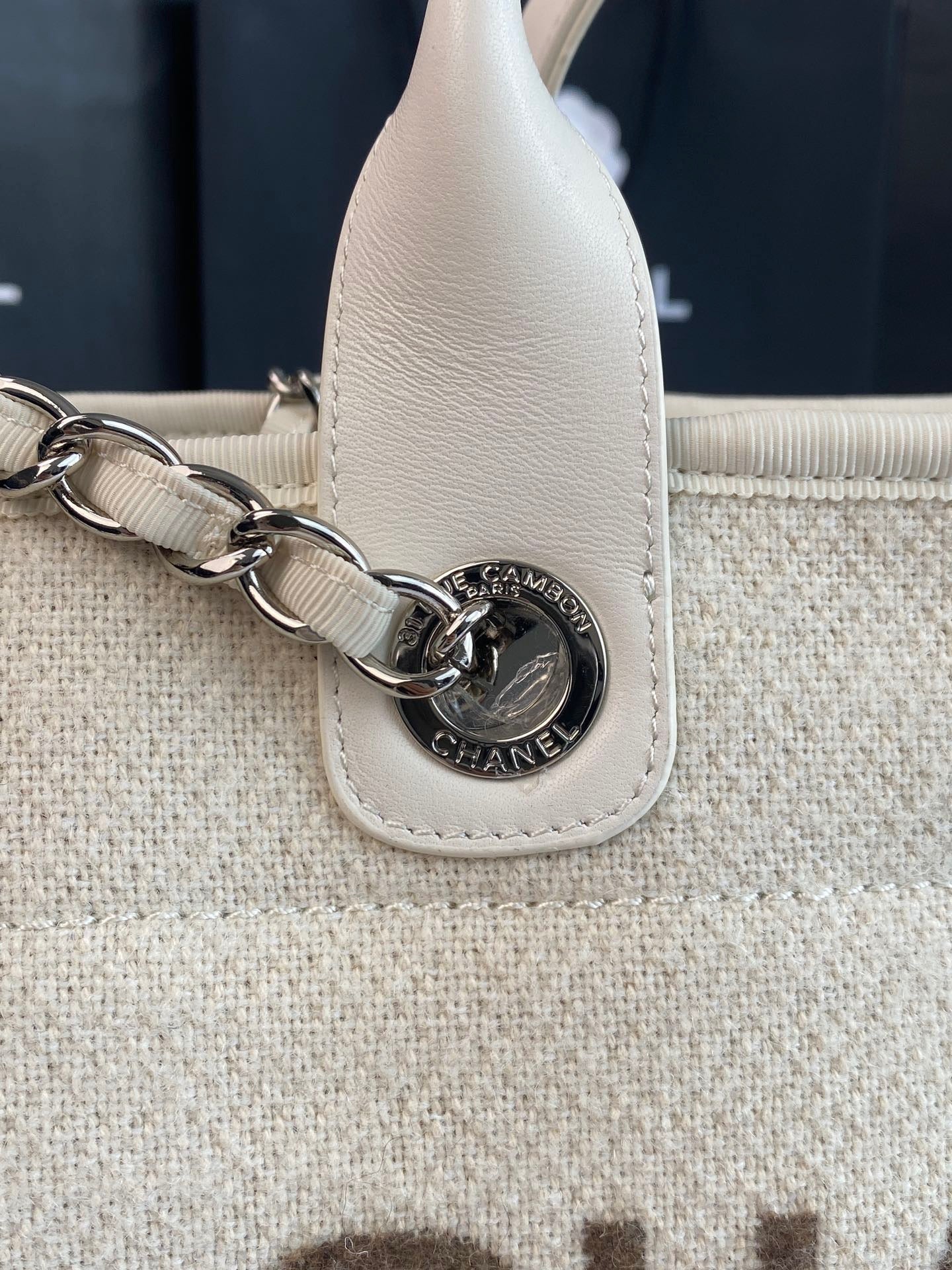 CHANEL Beach Canvas Tote Bag In Beige With Silver Tone Chain Link