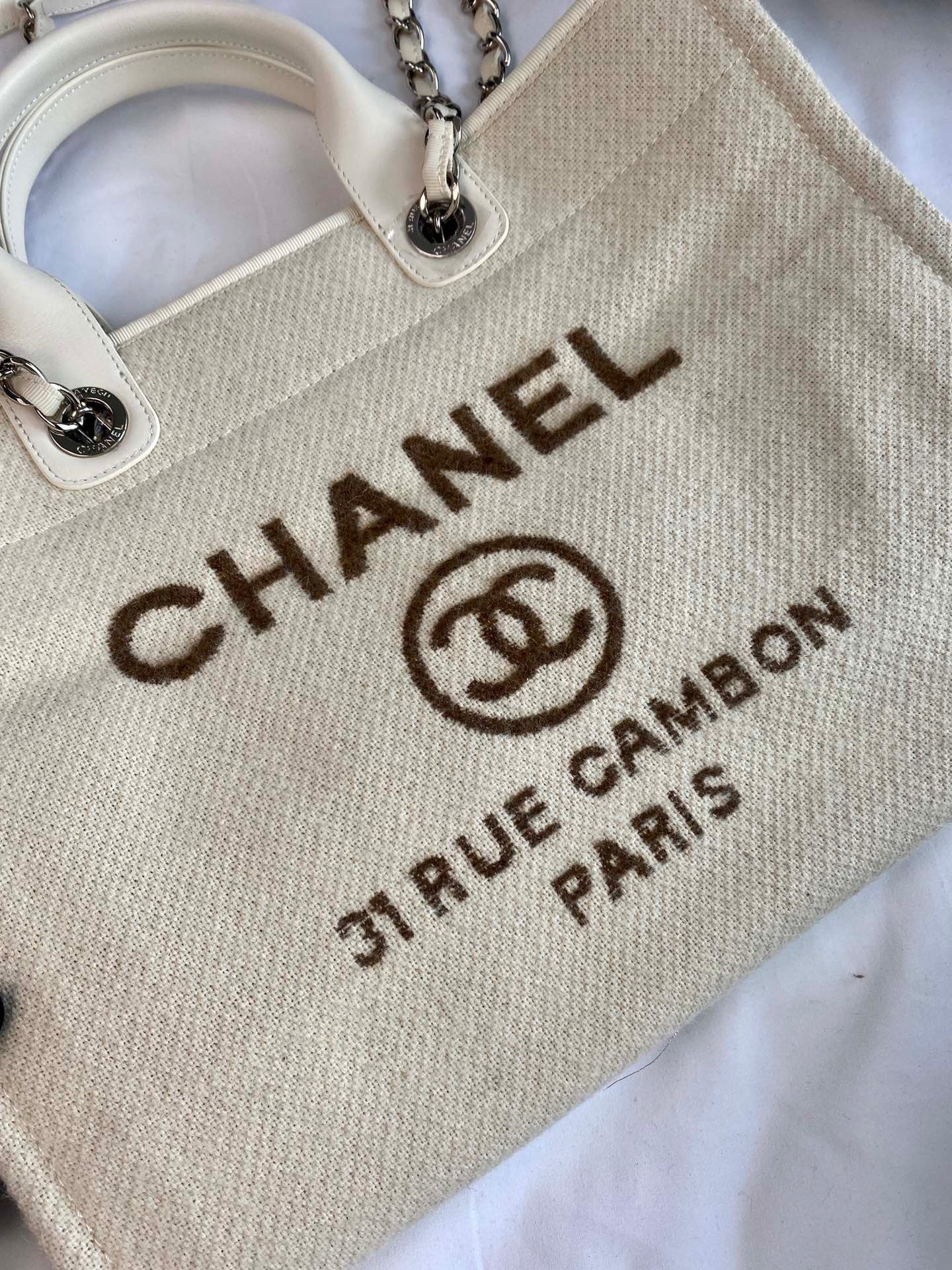 CHANEL Beach Canvas Tote Bag In Beige With Silver Tone Chain Link