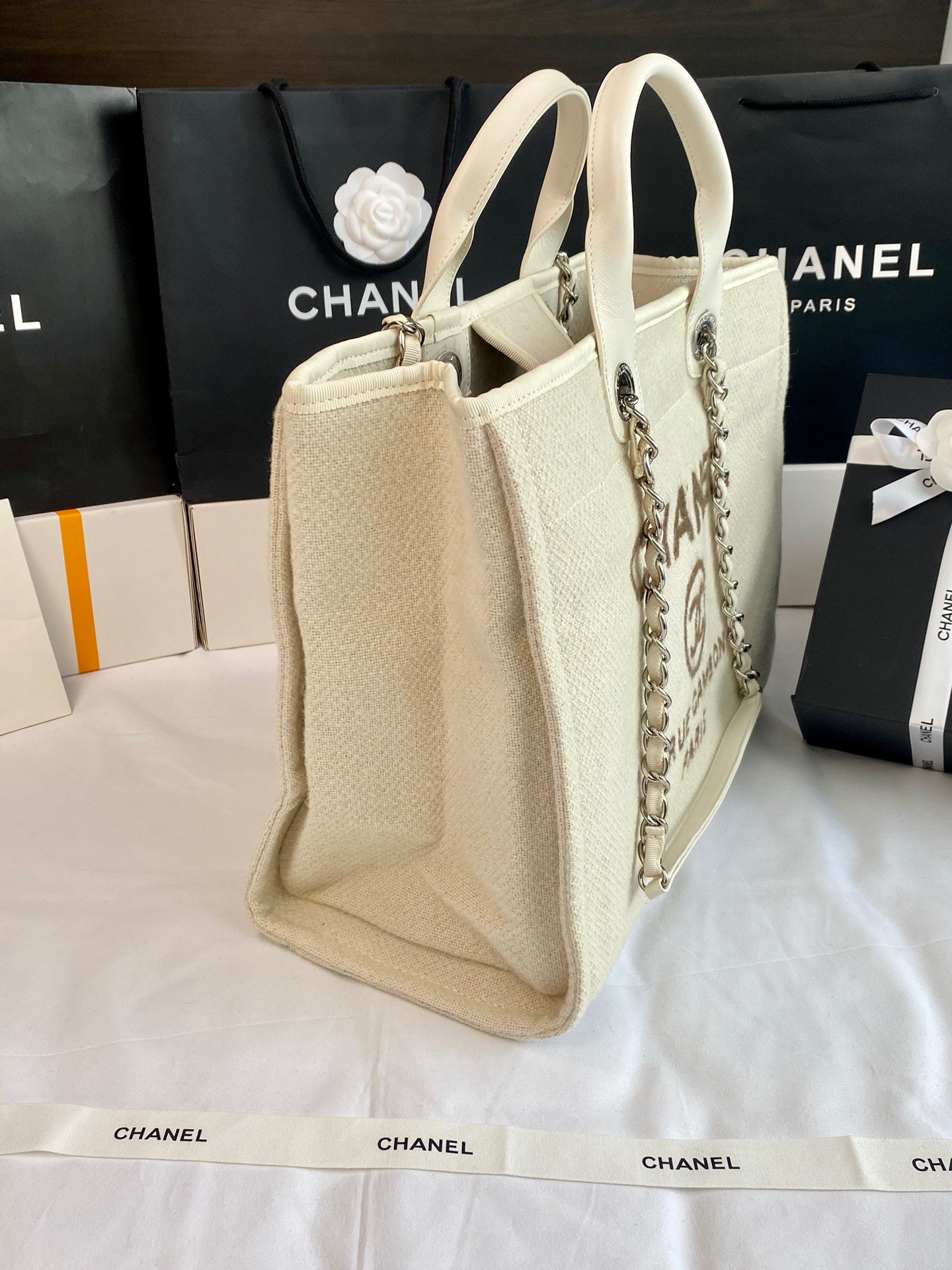 CHANEL Beach Canvas Tote Bag In Beige With Silver Tone Chain Link