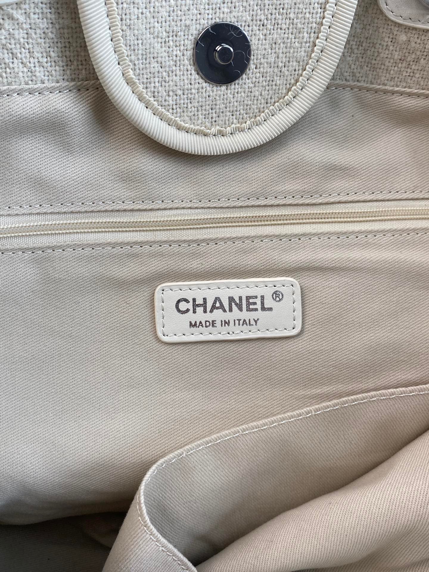 CHANEL Beach Canvas Tote Bag In Beige With Silver Tone Chain Link