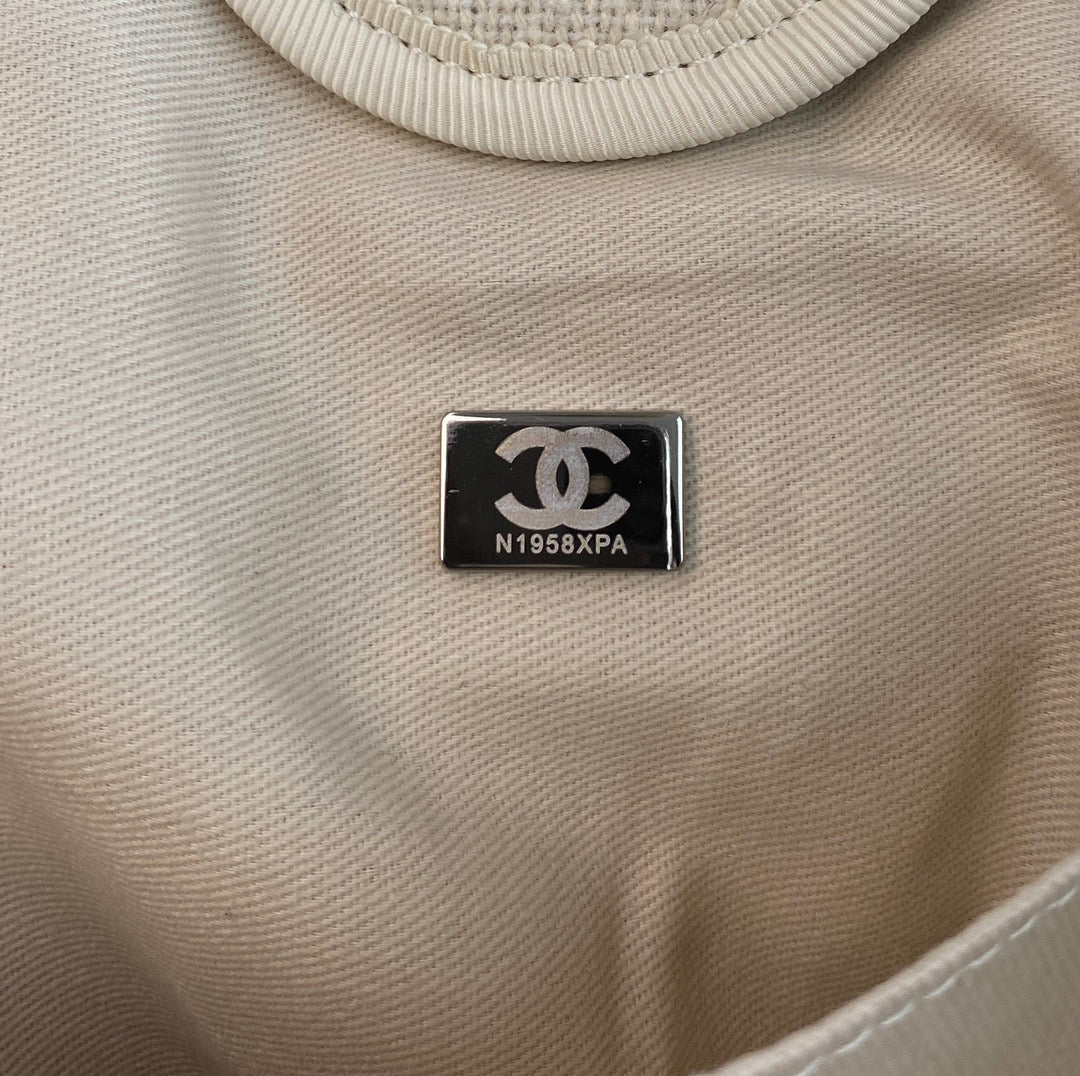 CHANEL Beach Canvas Tote Bag In Beige With Silver Tone Chain Link