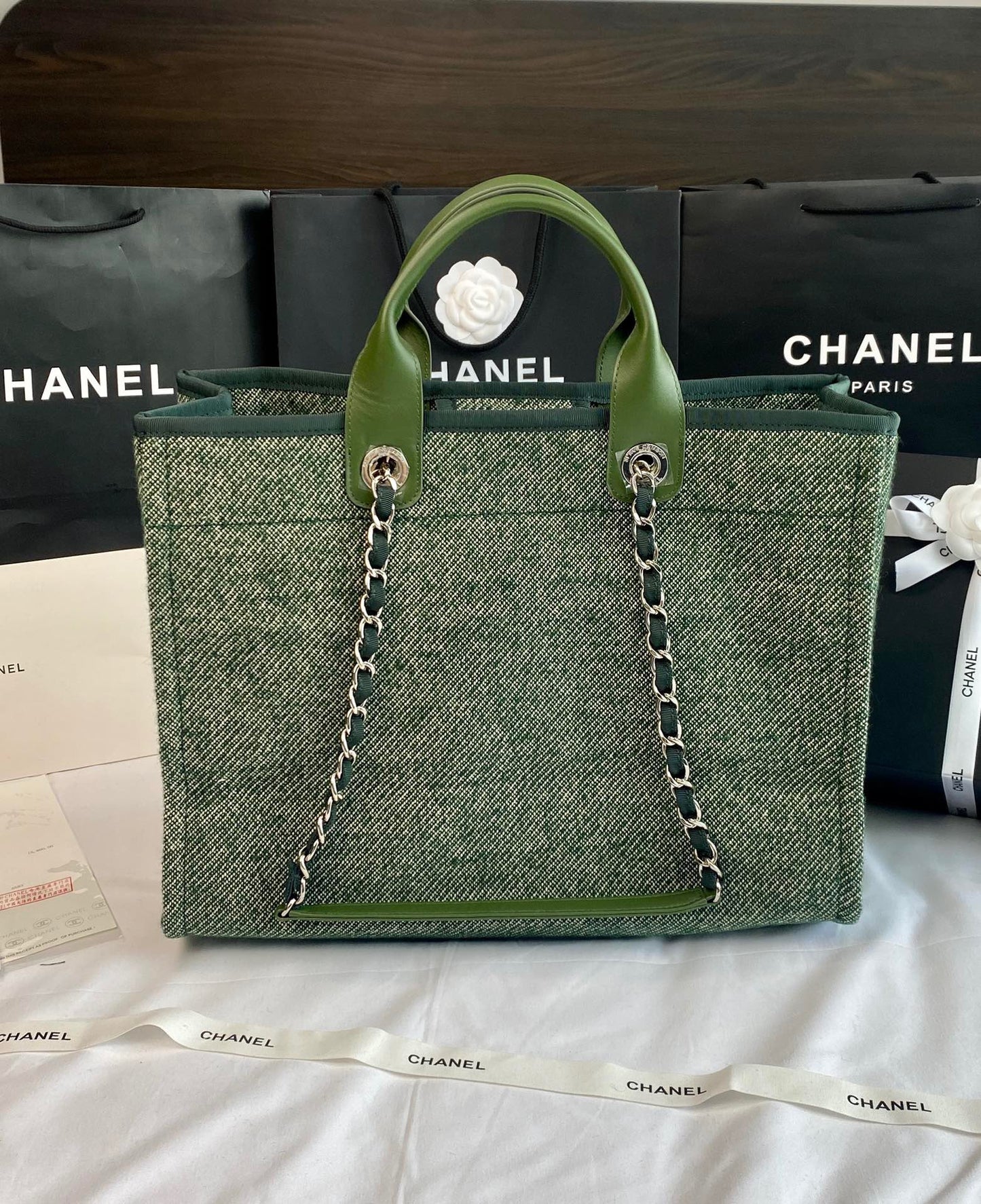 CHANEL Beach Tote Bag In Green with Gold Tone Chain Link