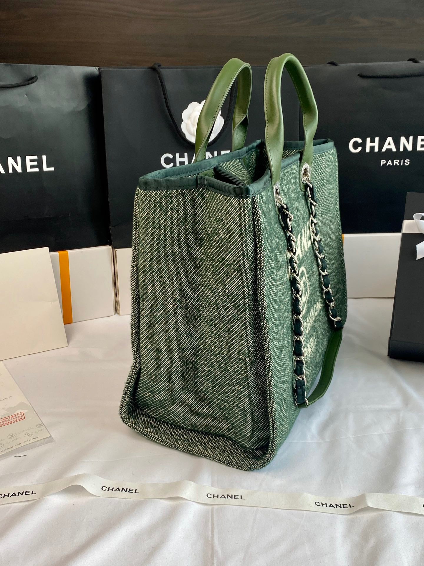 CHANEL Beach Tote Bag In Green with Gold Tone Chain Link