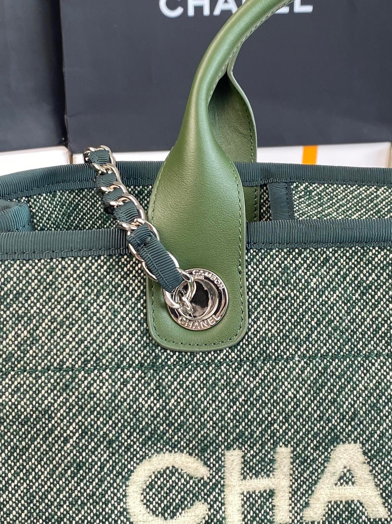 CHANEL Beach Tote Bag In Green with Gold Tone Chain Link