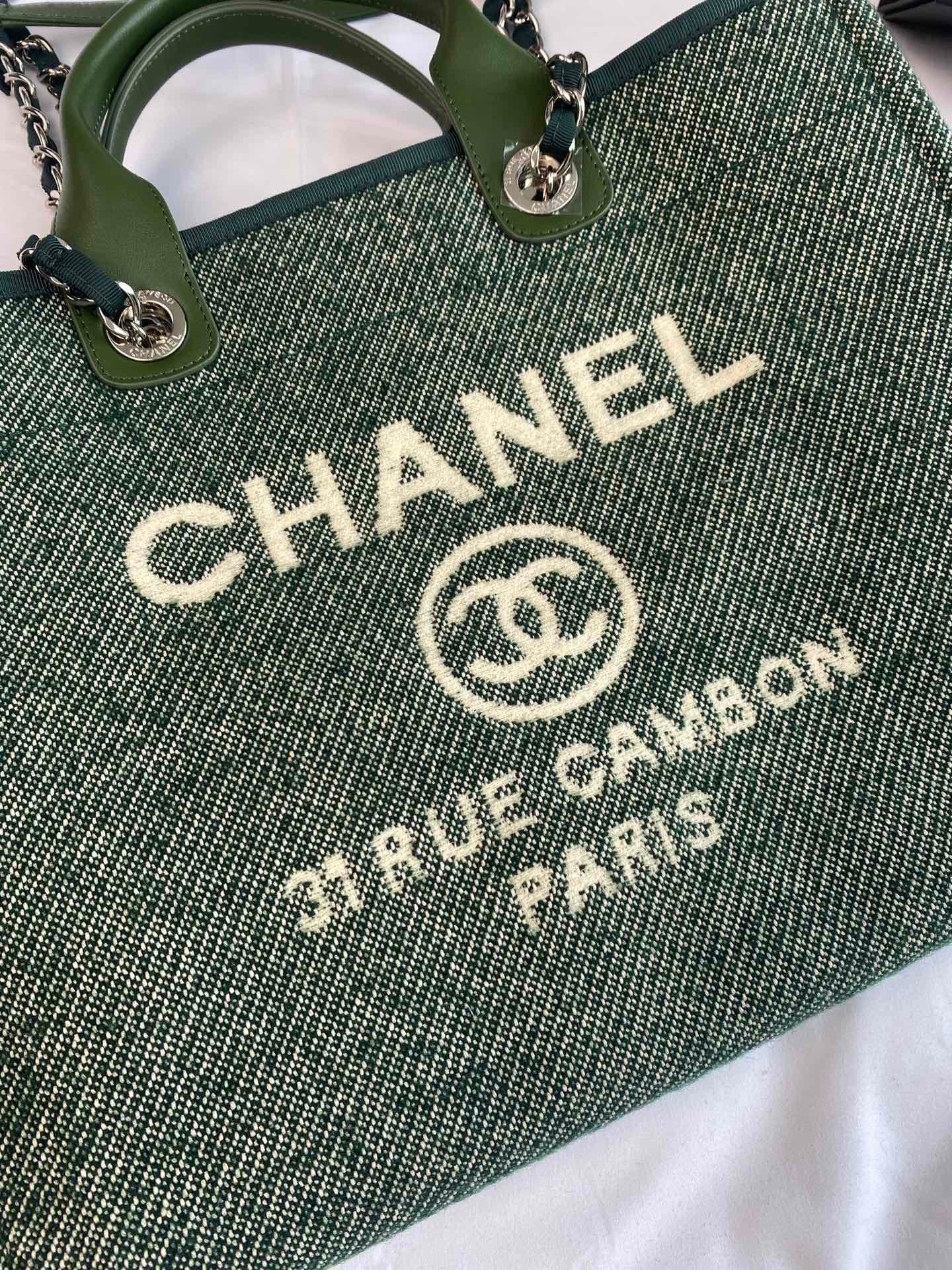 CHANEL Beach Tote Bag In Green with Gold Tone Chain Link