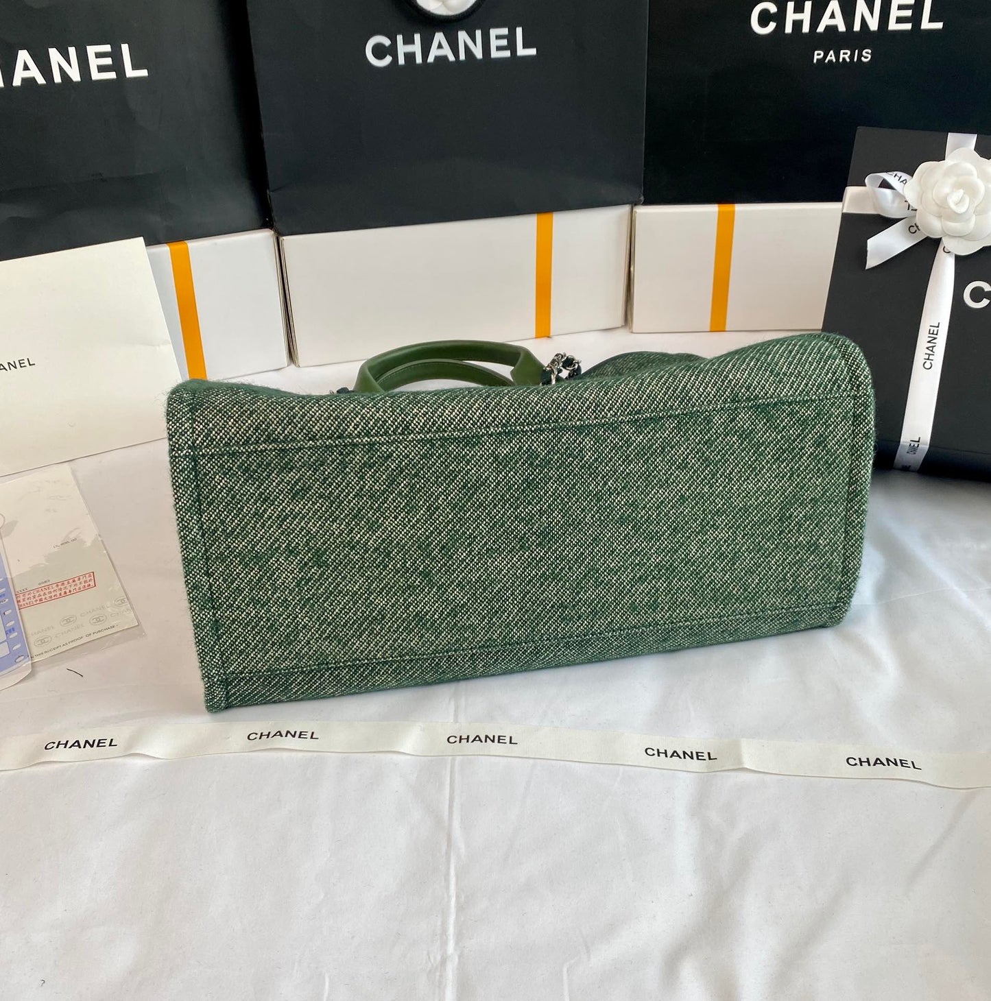 CHANEL Beach Tote Bag In Green with Gold Tone Chain Link