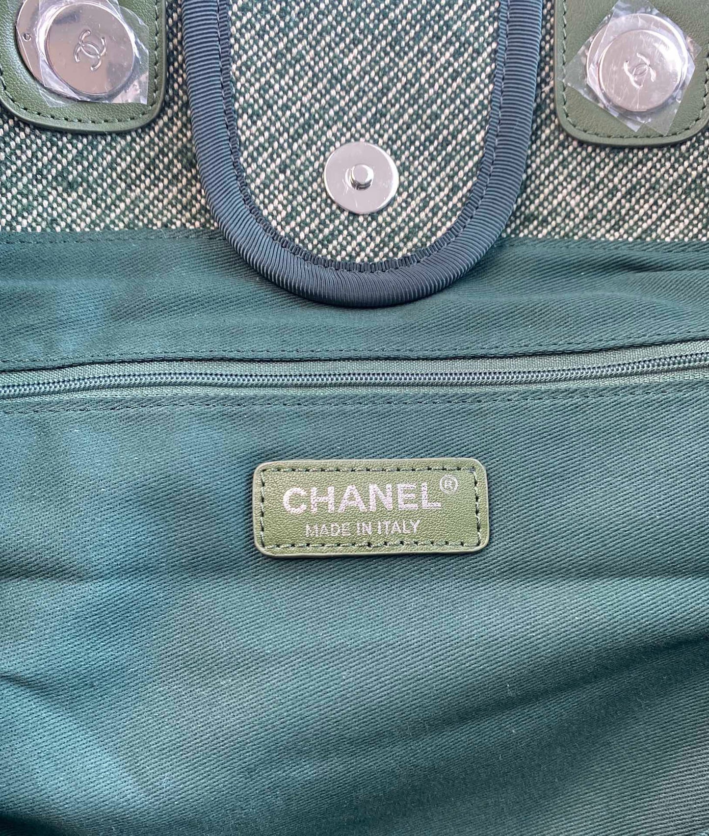 CHANEL Beach Tote Bag In Green with Gold Tone Chain Link