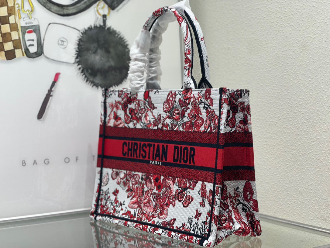 Dior Red Butterfly Embroidery Series Medium Tote Bag