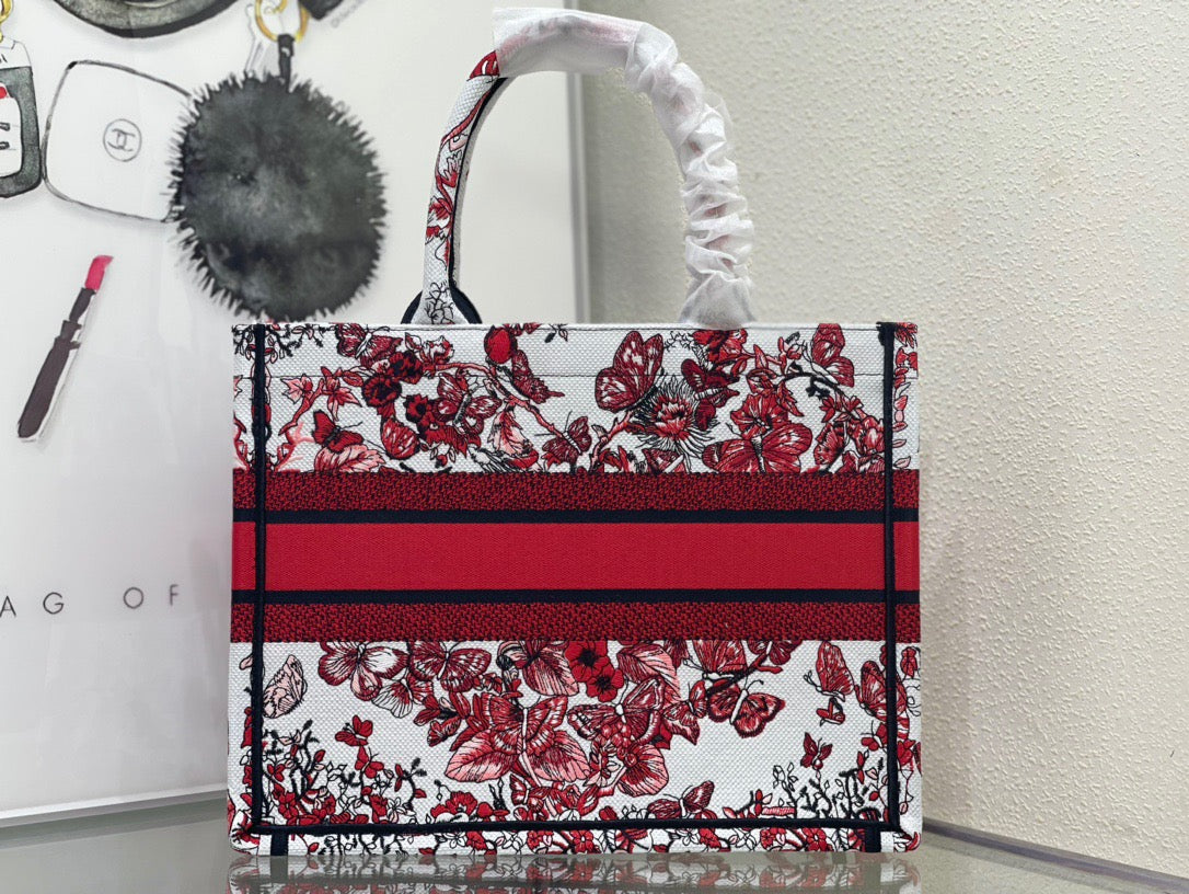 Dior Red Butterfly Embroidery Series Medium Tote Bag