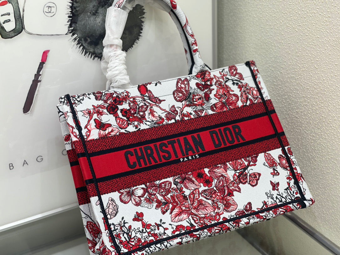 Dior Red Butterfly Embroidery Series Medium Tote Bag