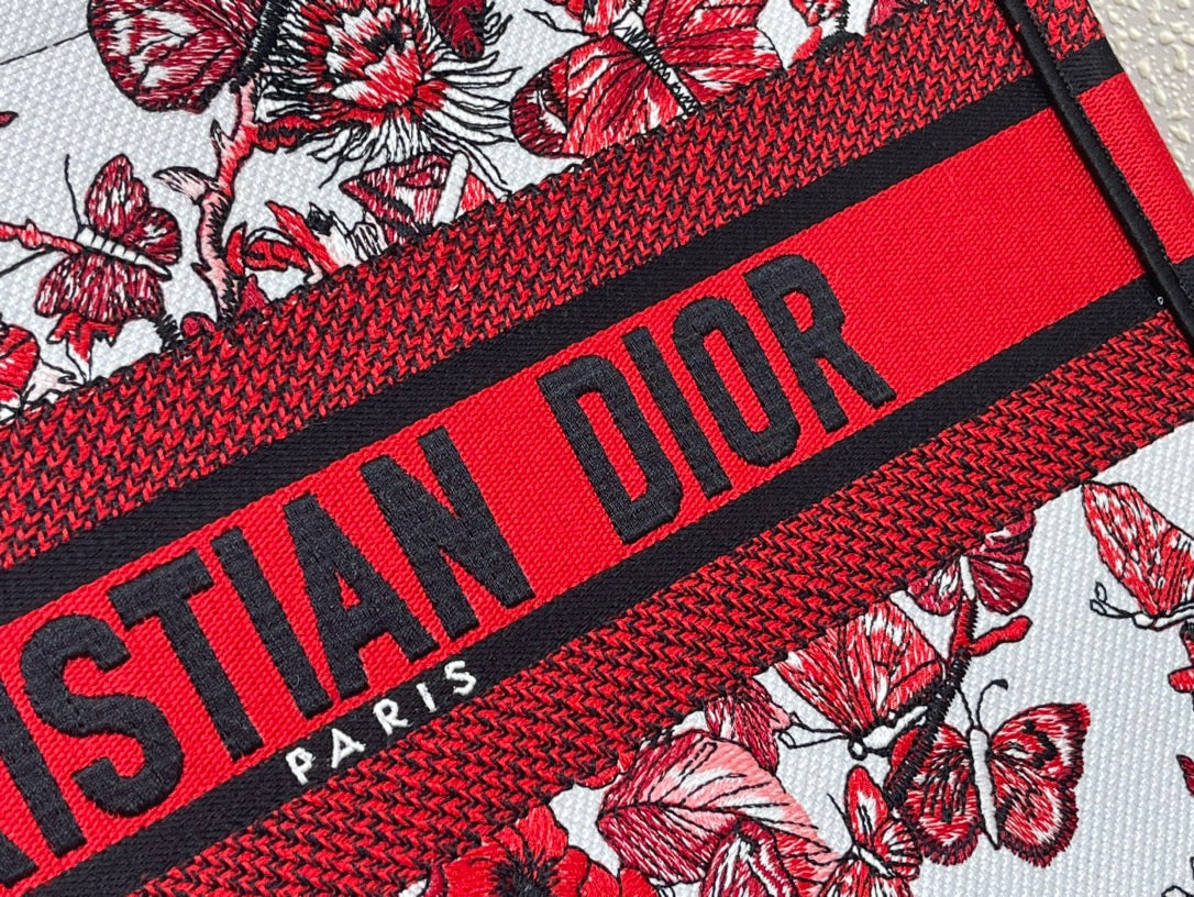 Dior Red Butterfly Embroidery Series Medium Tote Bag