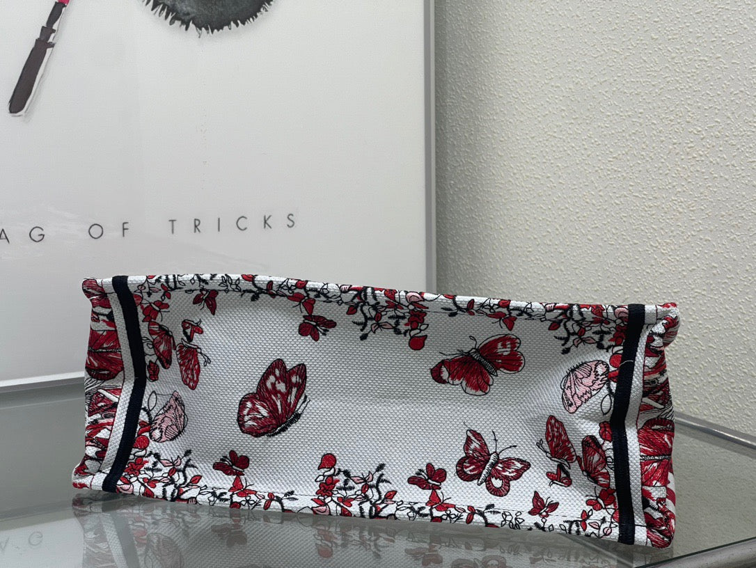 Dior Red Butterfly Embroidery Series Medium Tote Bag