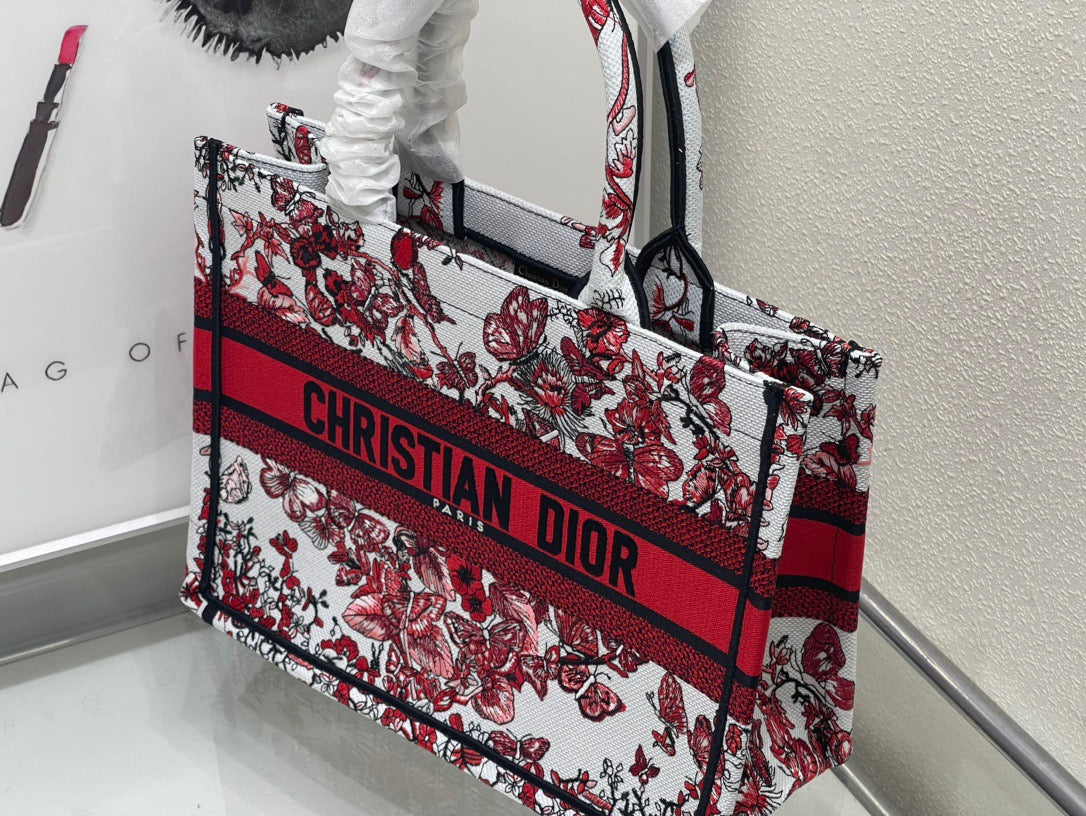 Dior Red Butterfly Embroidery Series Medium Tote Bag