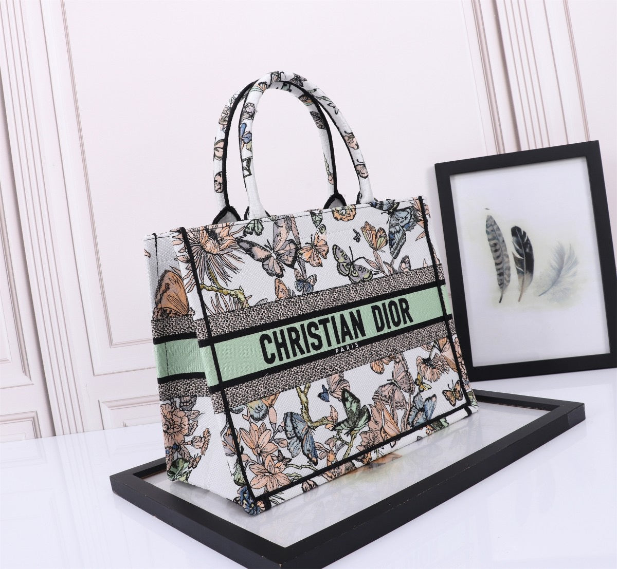 Dior Green Ruy Print  Embroidery Series Medium Tote Bag