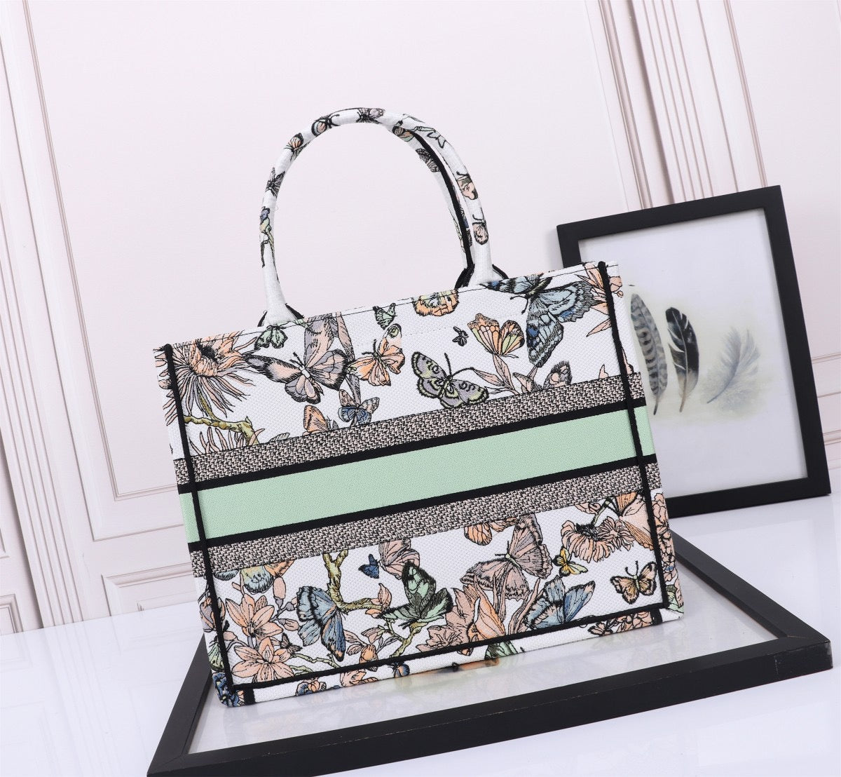 Dior Green Ruy Print  Embroidery Series Medium Tote Bag