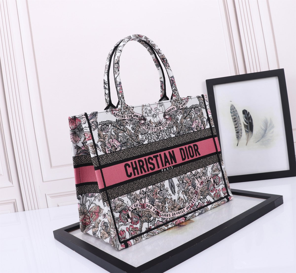 Dior Pink Ruy Print Embroidery Series Medium Tote Bag