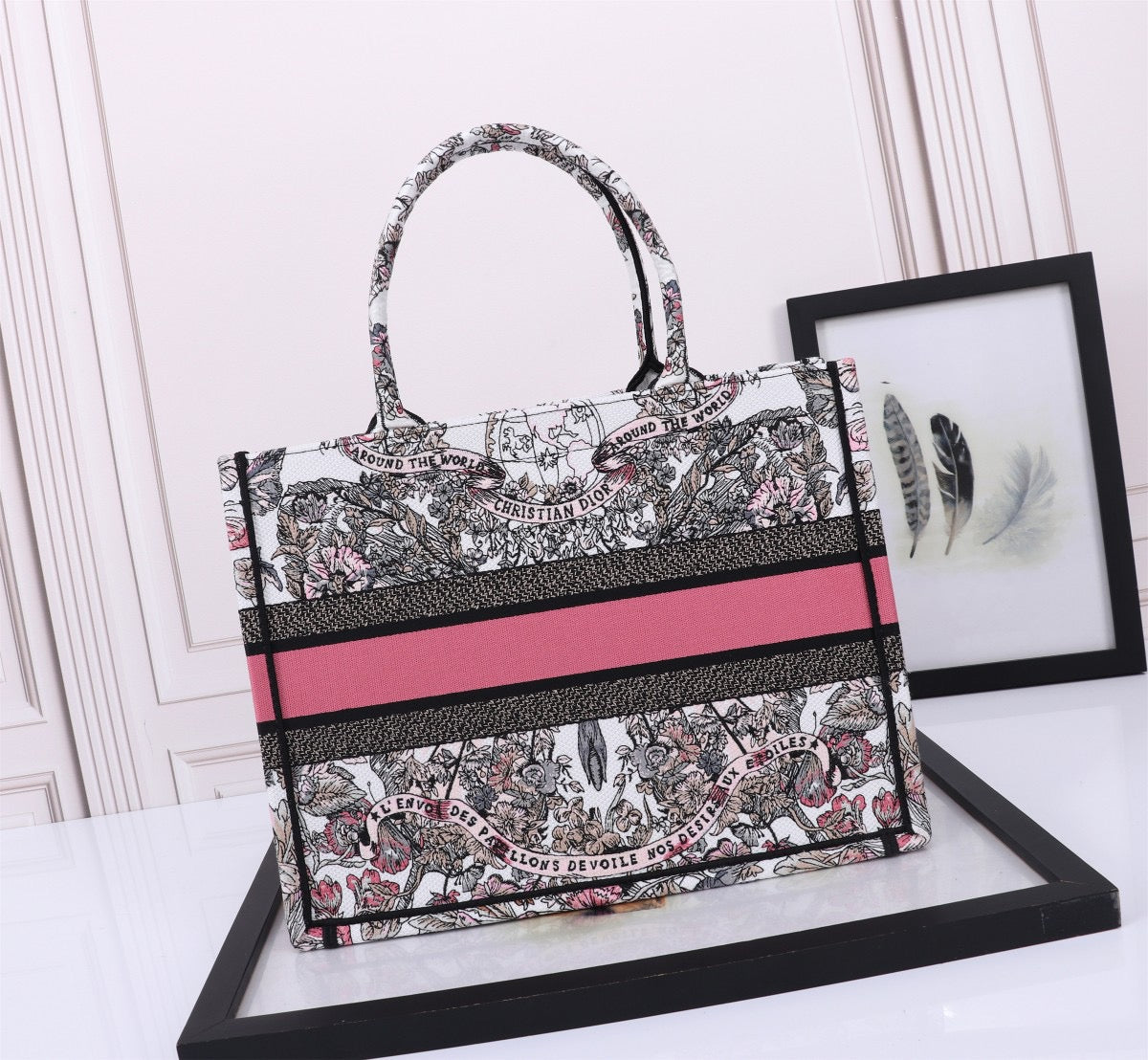 Dior Pink Ruy Print Embroidery Series Medium Tote Bag