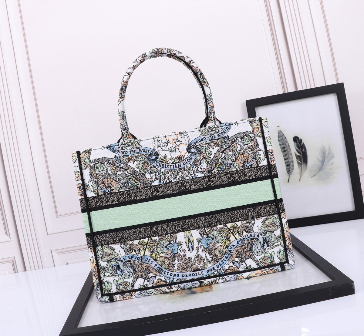 Dior Butterfly Flying Green Embroidery Series Medium Tote Bag