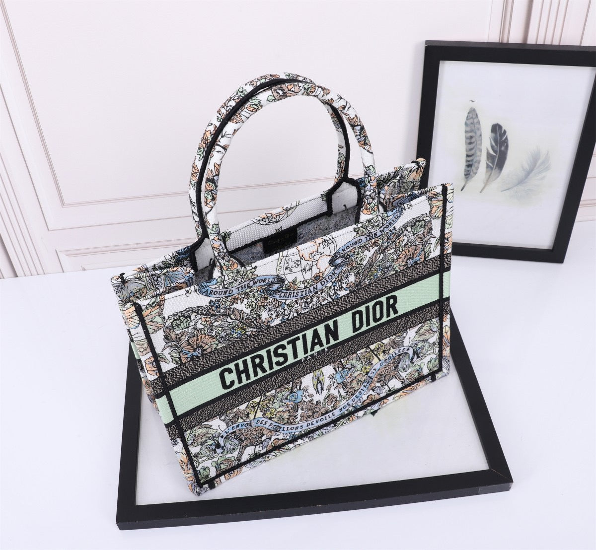 Dior Butterfly Flying Green Embroidery Series Medium Tote Bag