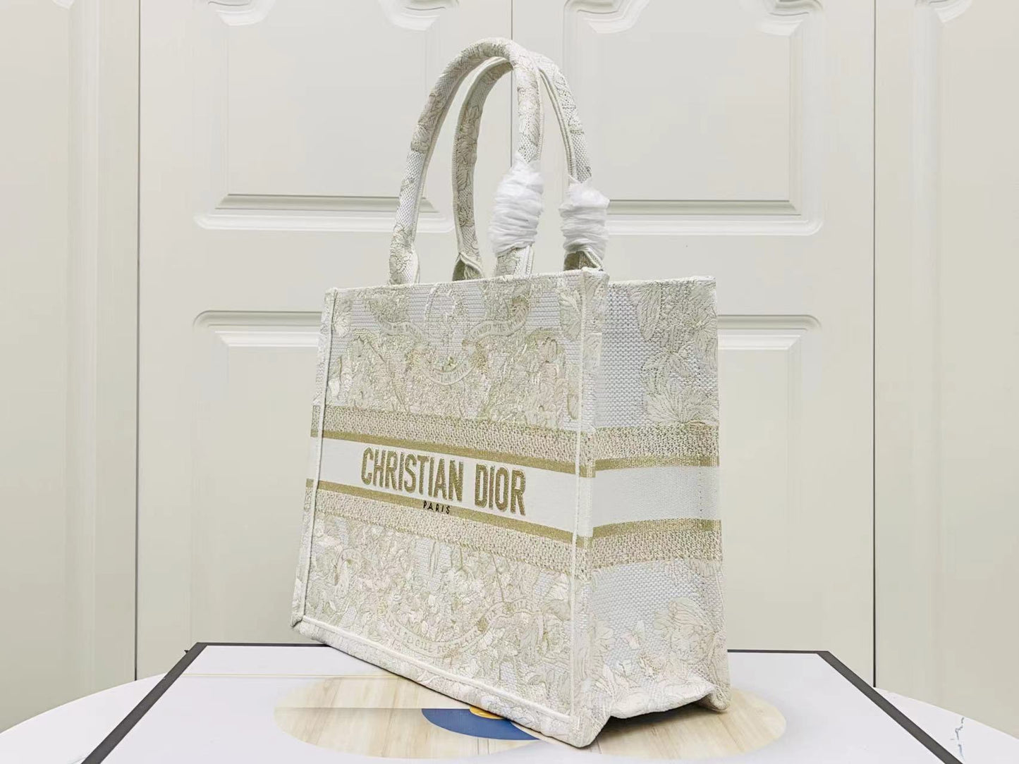 Dior Christmas Golden Butterfly Embroidery Series Medium Tote Bag