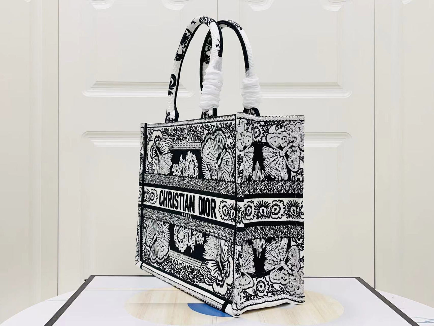 Dior Black Butterfly Embroidery Series Medium Tote Bag