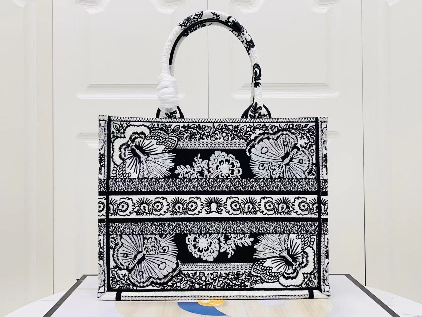 Dior Black Butterfly Embroidery Series Medium Tote Bag