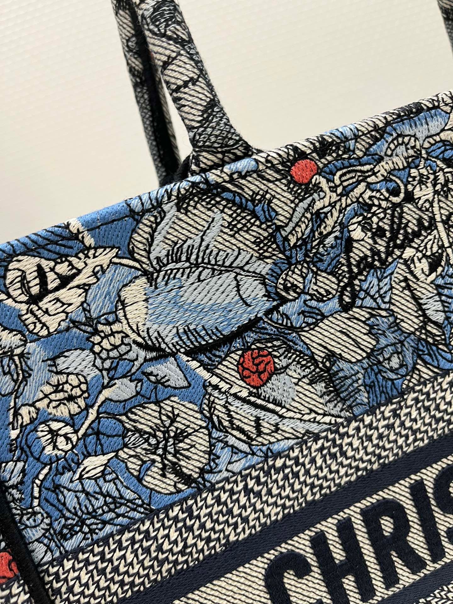 Dior  Blue and Pink Magic Garden Embroidery Series Medium Tote Bag