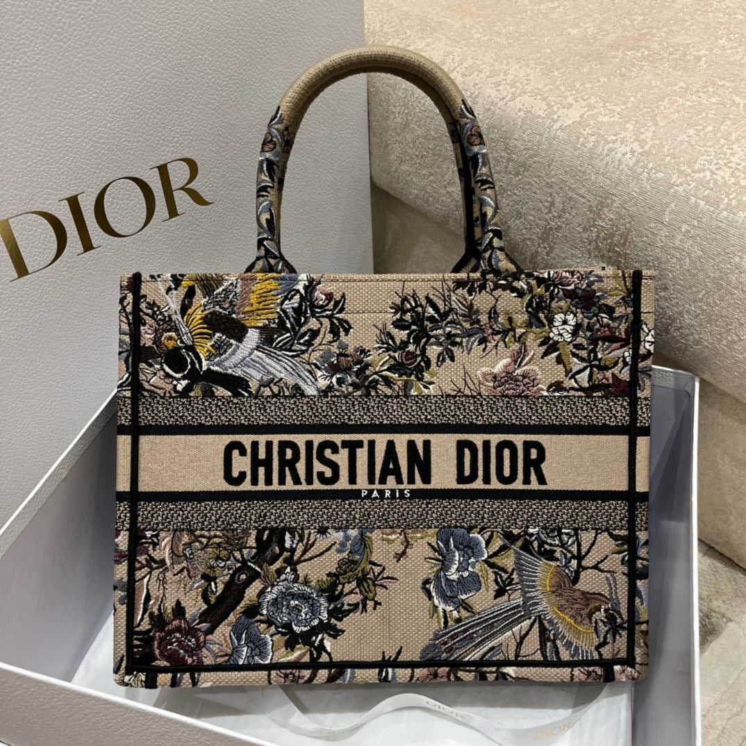 Dior Beige Flower And Bird Embroidery Series Medium Tote Bag