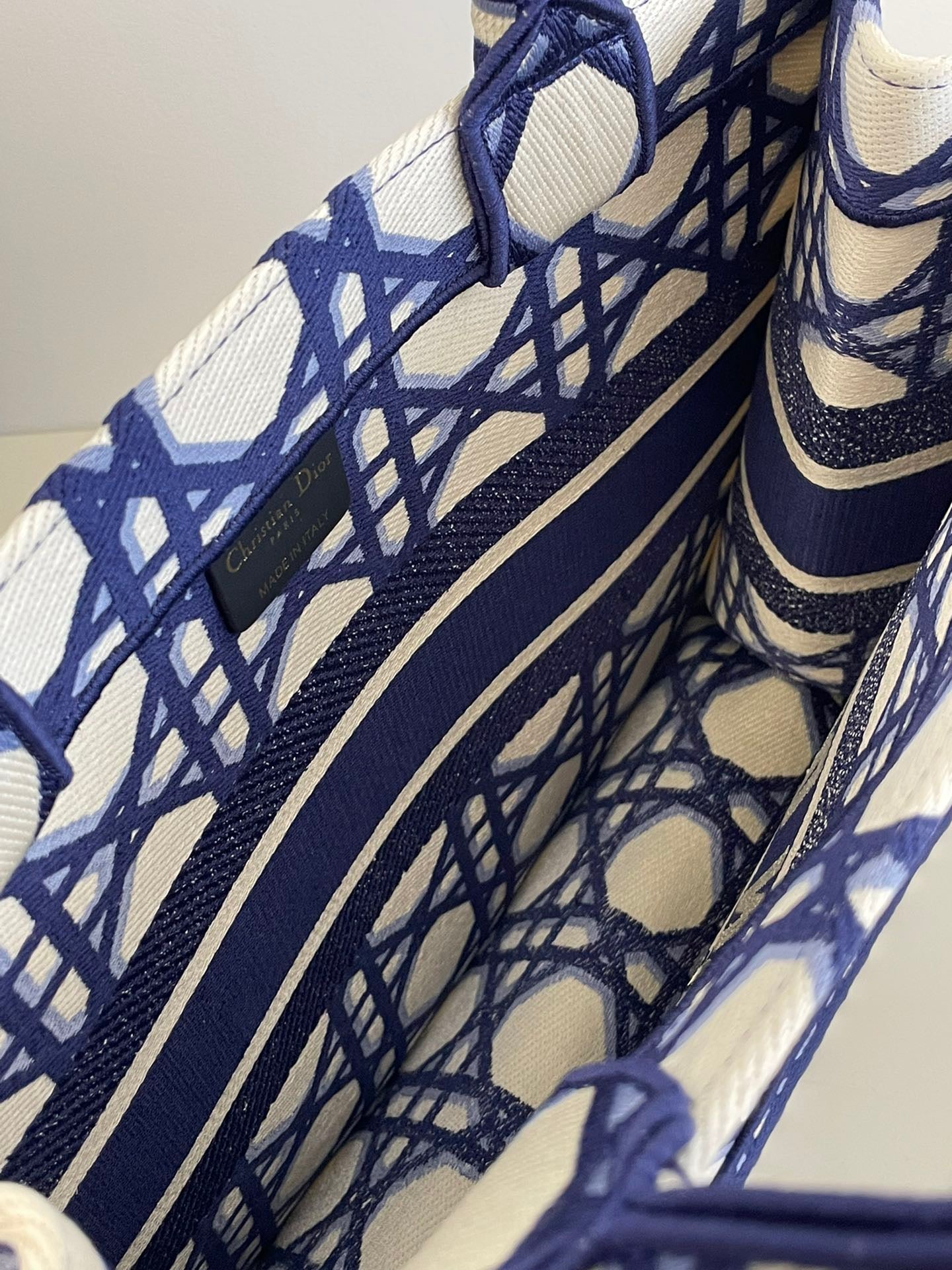 Dior Diamond Blue And White Color Block  Embroidery Series Medium Tote Bag