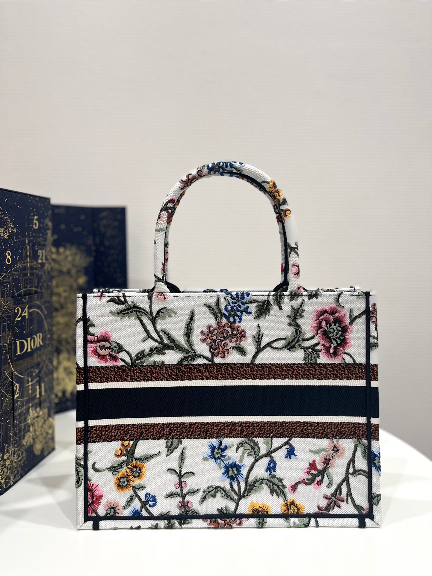 Dior White Fleur-De-Lis Embroidery Series Medium Tote Bag