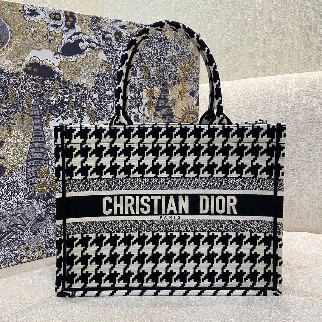 Dior Houndstooth Embroidered Medium Tote Bag