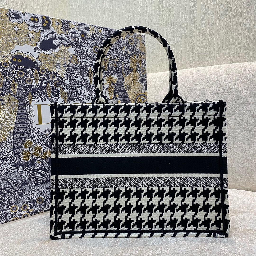 Dior Houndstooth Embroidered Medium Tote Bag