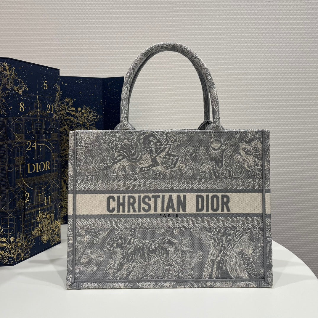 Dior Gray Zoo Embroidery Series Medium Tote Bag