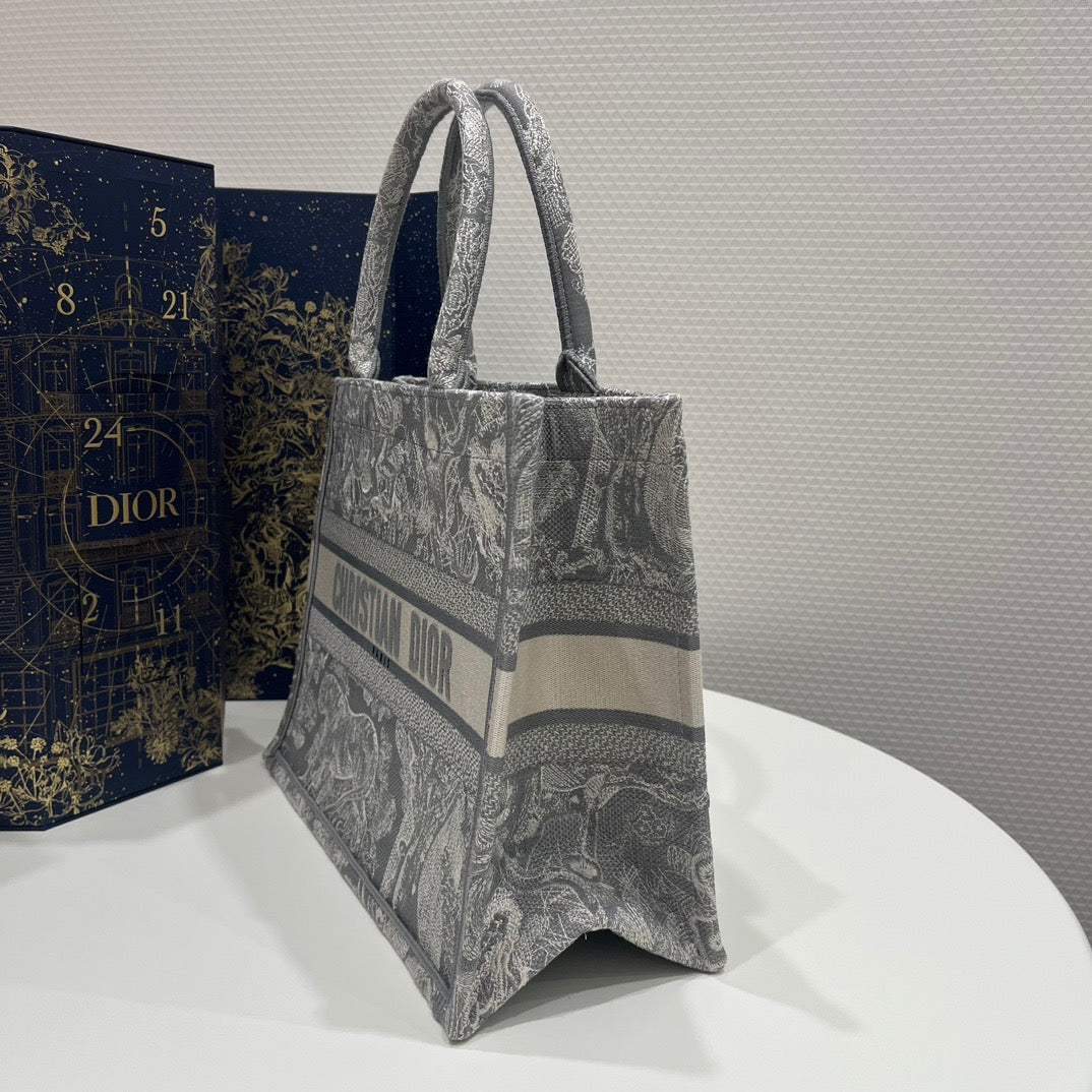 Dior Gray Zoo Embroidery Series Medium Tote Bag