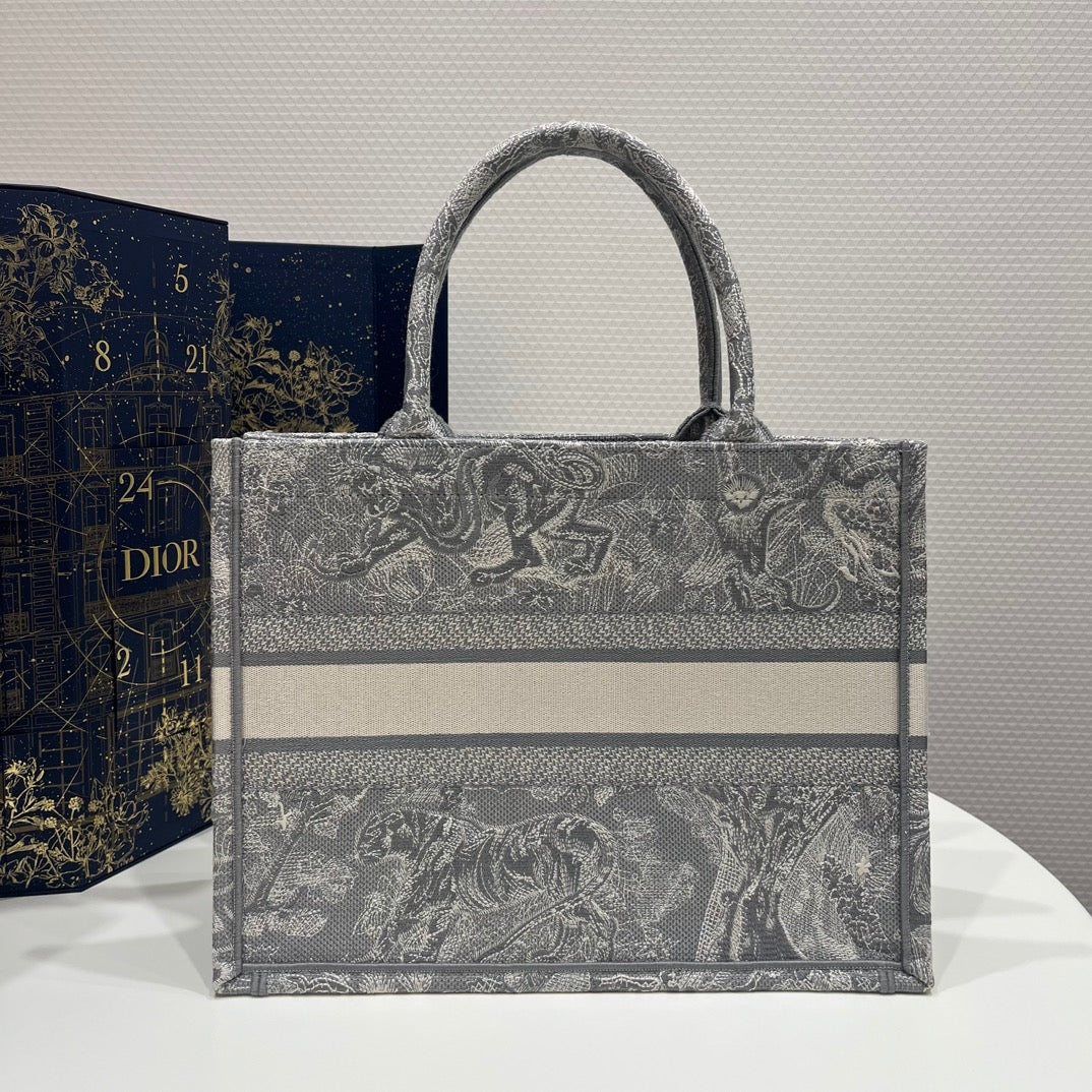 Dior Gray Zoo Embroidery Series Medium Tote Bag