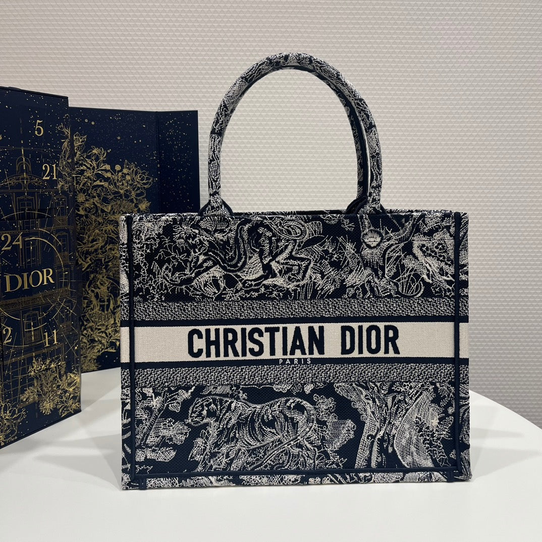 Dior Dark Blue Zoo Embroidery Series Medium Tote Bag