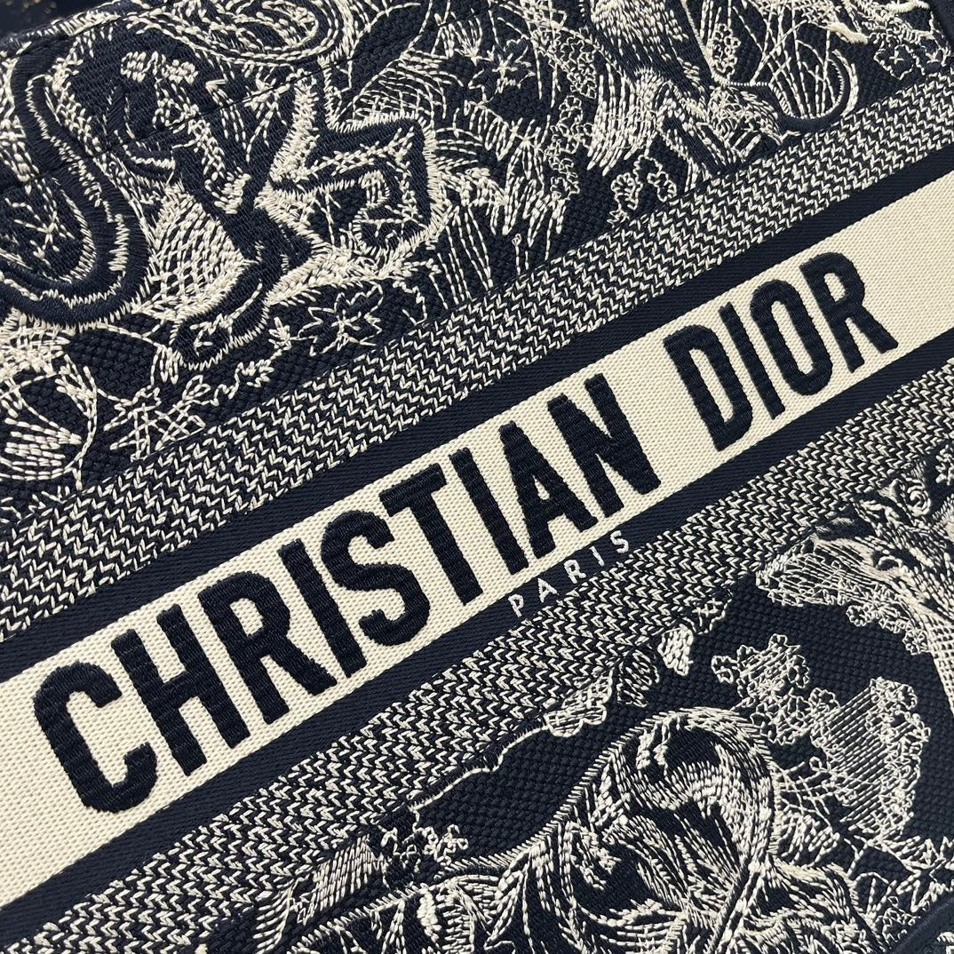 Dior Dark Blue Zoo Embroidery Series Medium Tote Bag