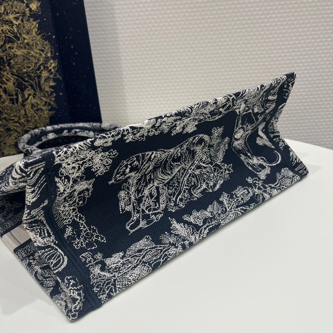 Dior Dark Blue Zoo Embroidery Series Medium Tote Bag