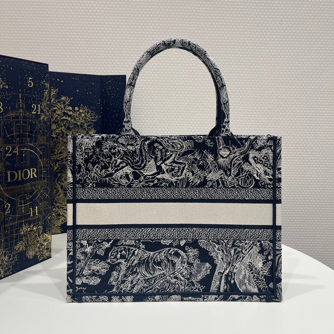 Dior Dark Blue Zoo Embroidery Series Medium Tote Bag