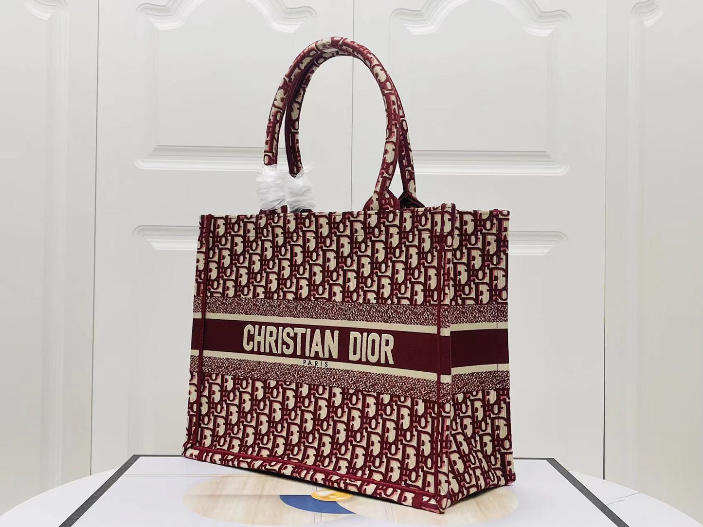 Dior Burgundy Old Flower Embroidery Series Medium Tote Bag